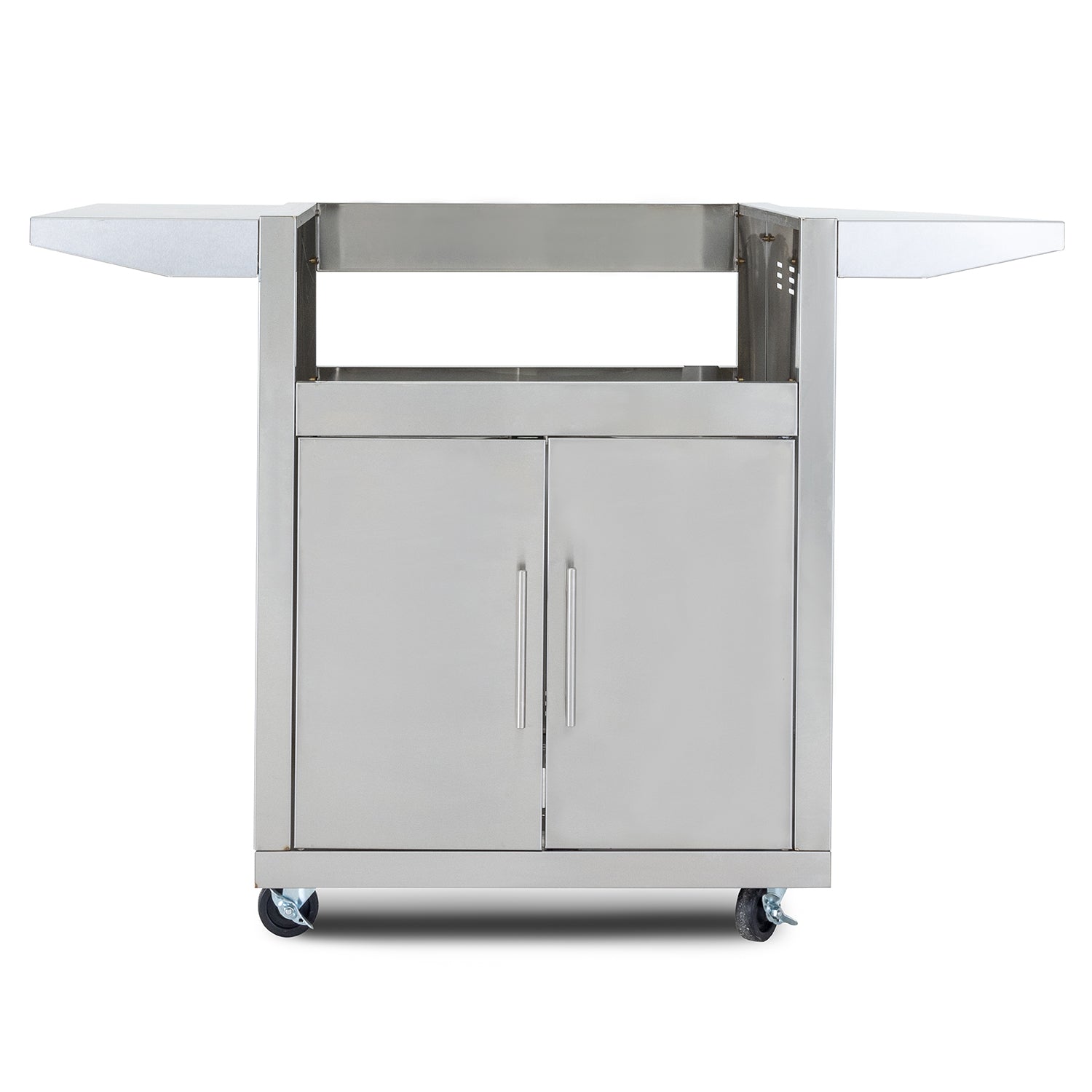 Outdoor oven cart with two cabinet doors, open shelf, and four caster wheels