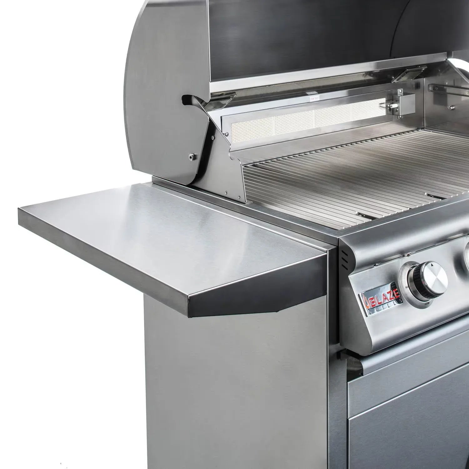Freestanding natural gas grill with open lid, side shelf, and control knobs