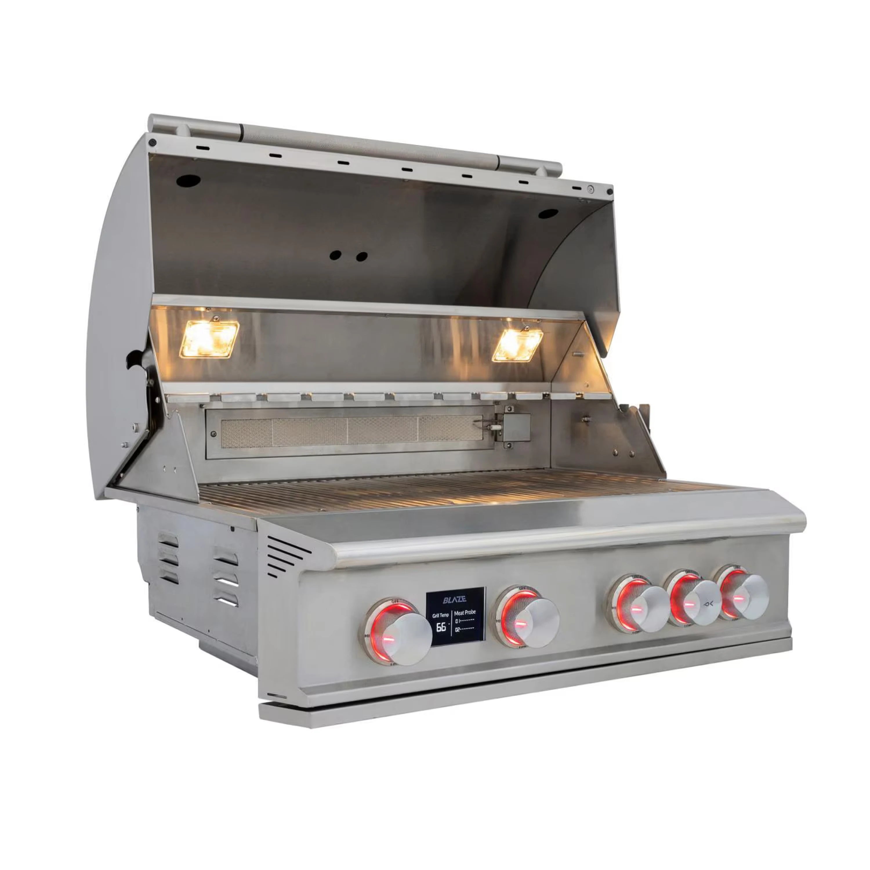 Stainless built-in natural gas grill with open lid, lit burners, four control knobs