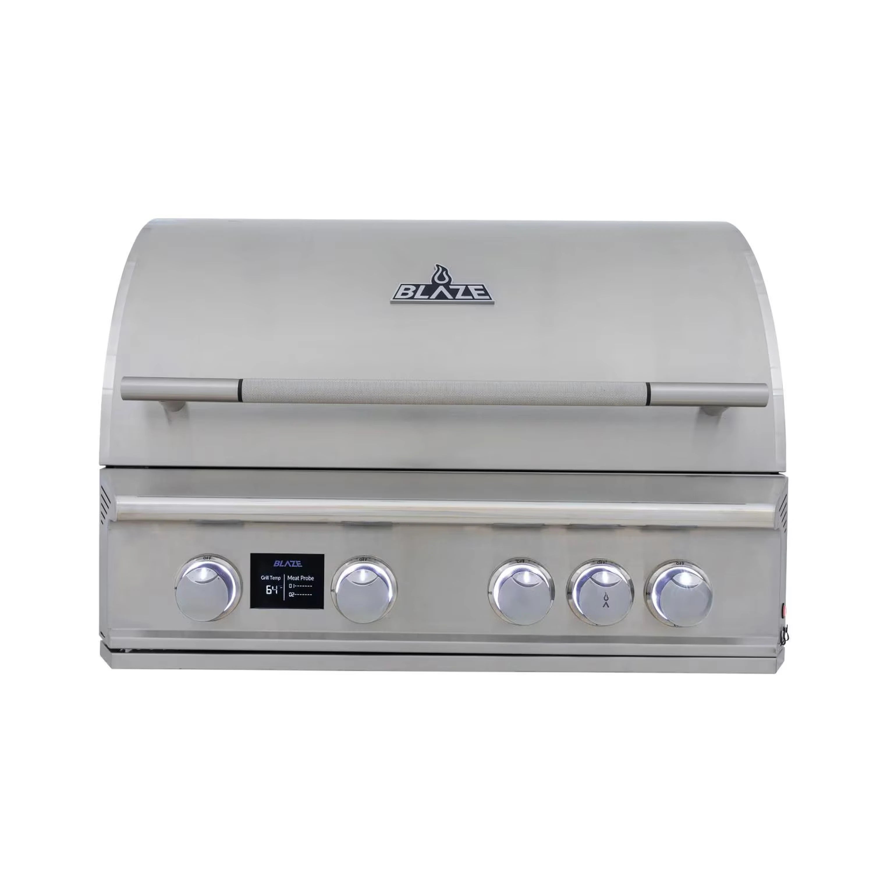 Stainless natural gas grill front panel with Blaze logo, four knobs and temperature display
