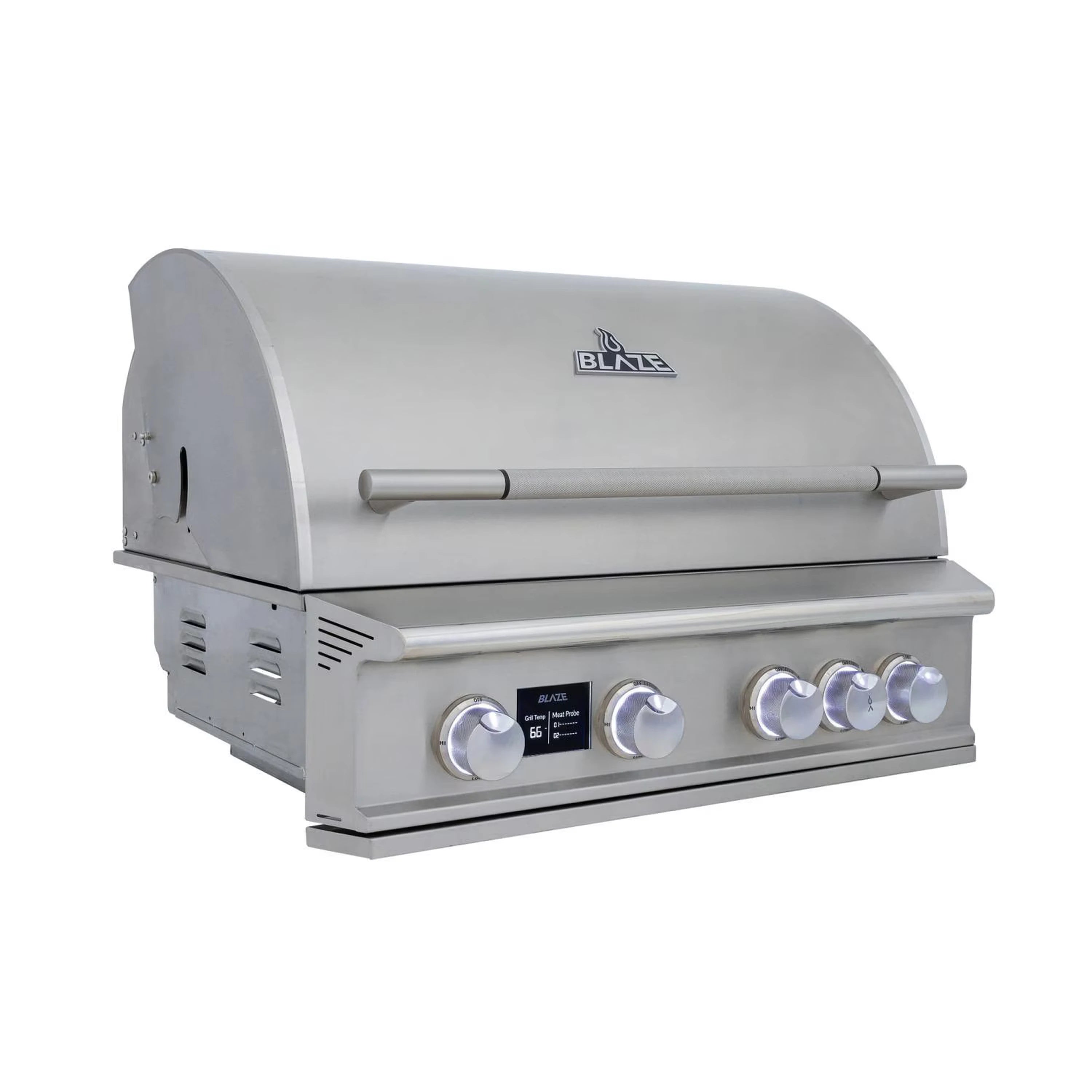 Stainless propane gas grill with domed lid, four burner knobs, and front control panel