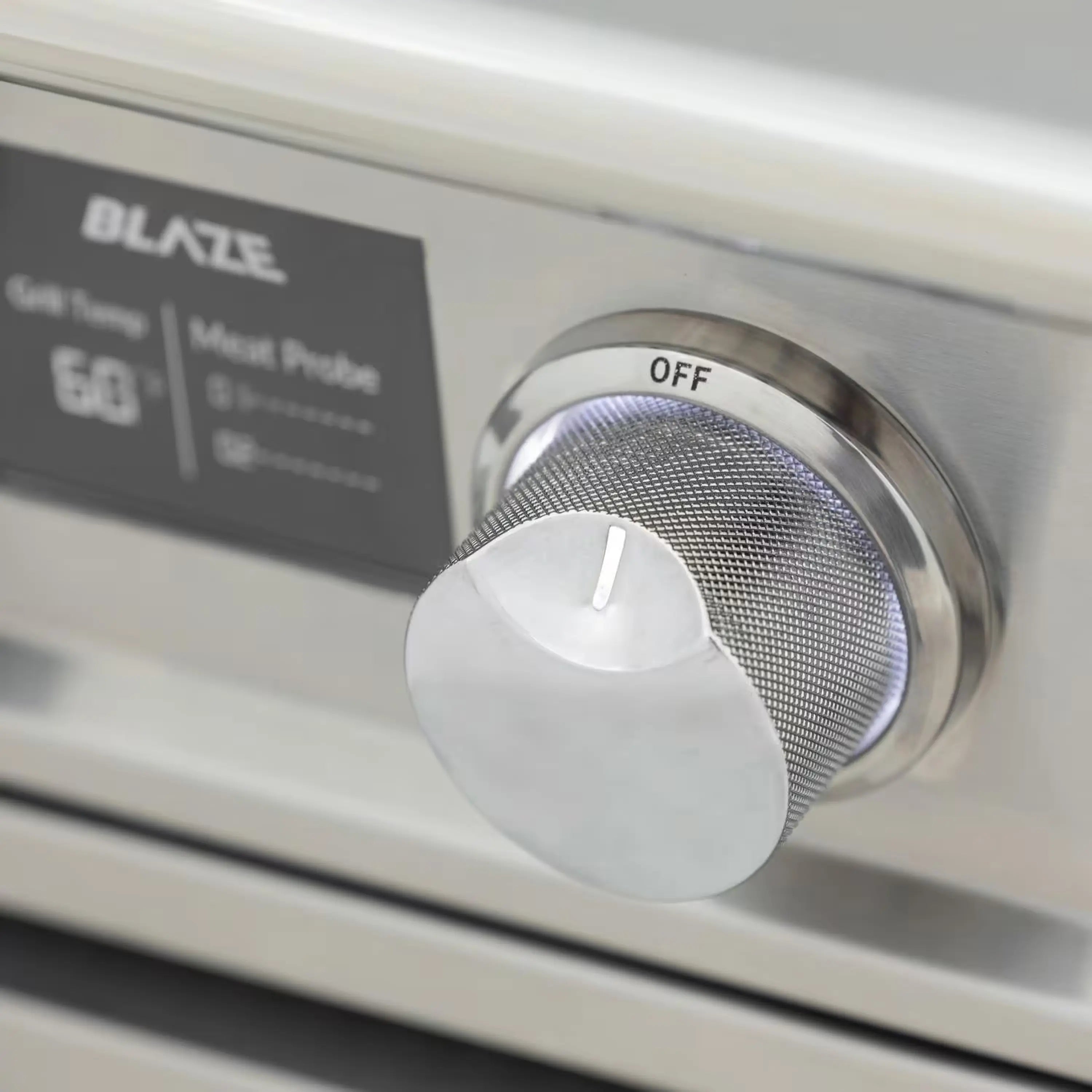 Stainless steel gas grill control knob with OFF setting on Blaze digital panel