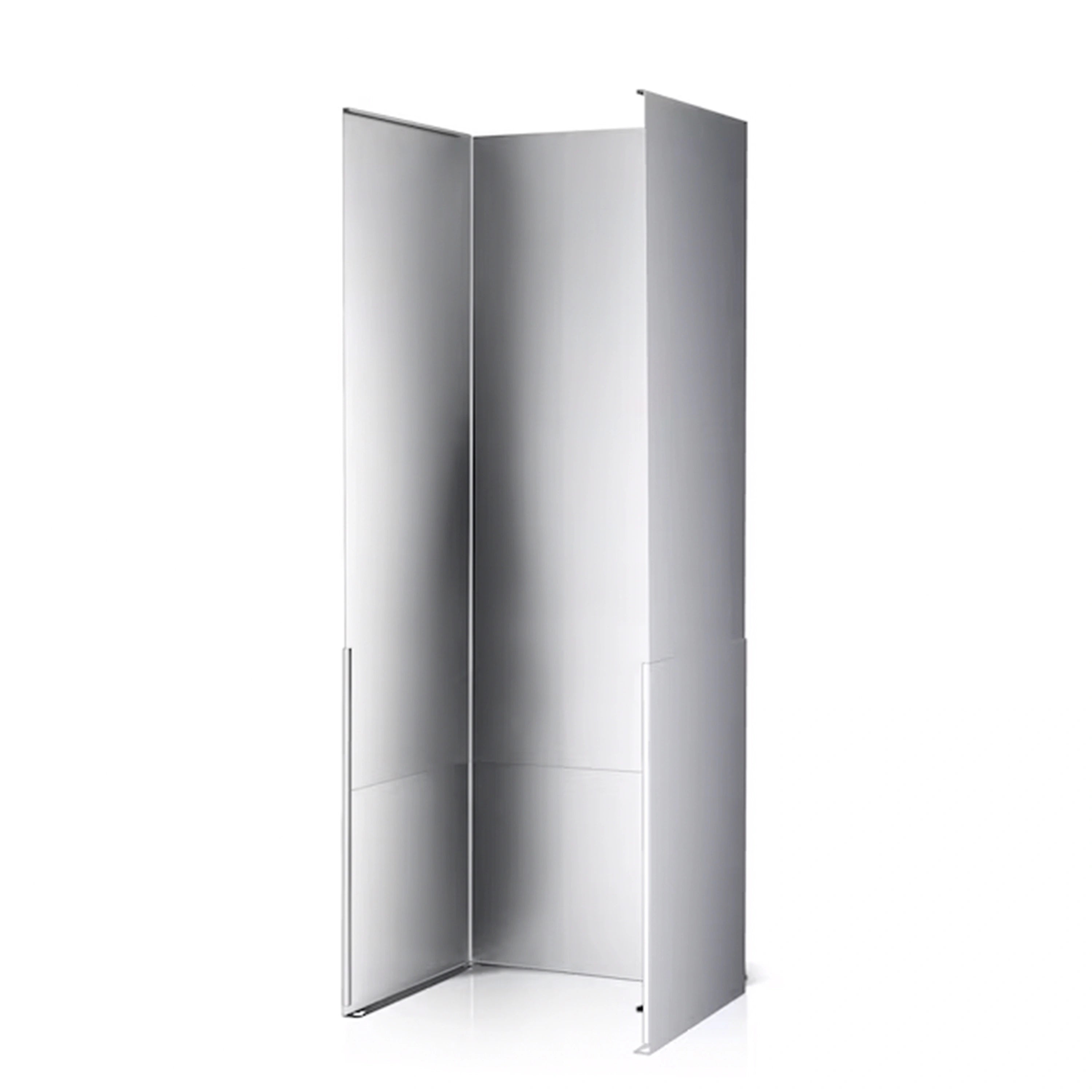 Blaze extendable vent hood duct cover in silver-gray, hinged side panels open