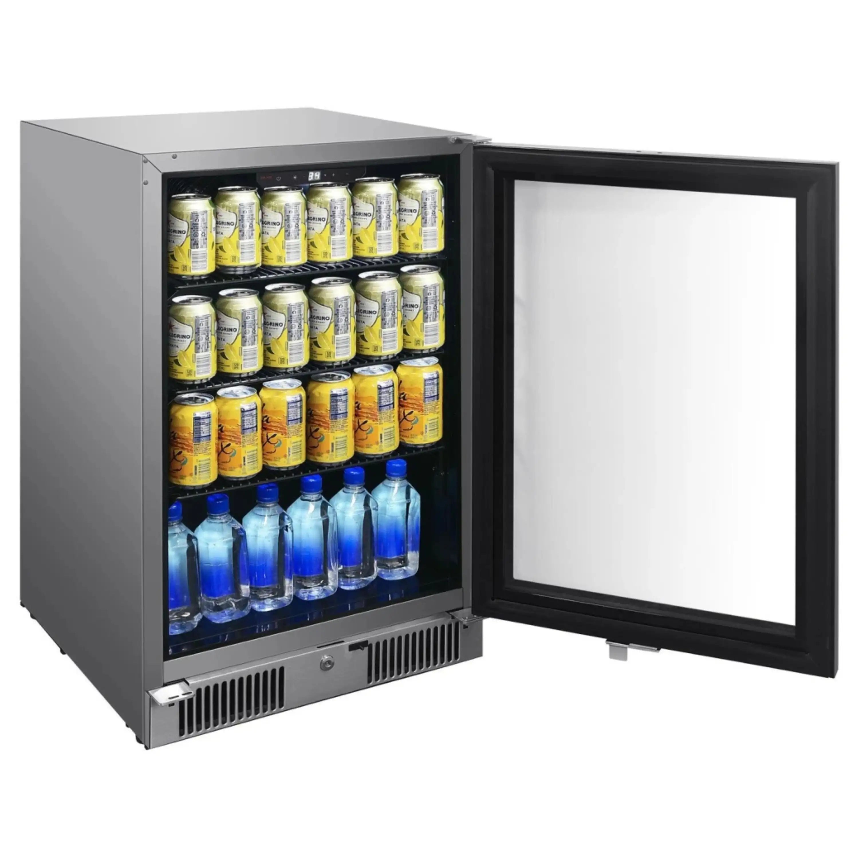 Outdoor beverage cooler with open door, stocked with cans and blue bottles inside