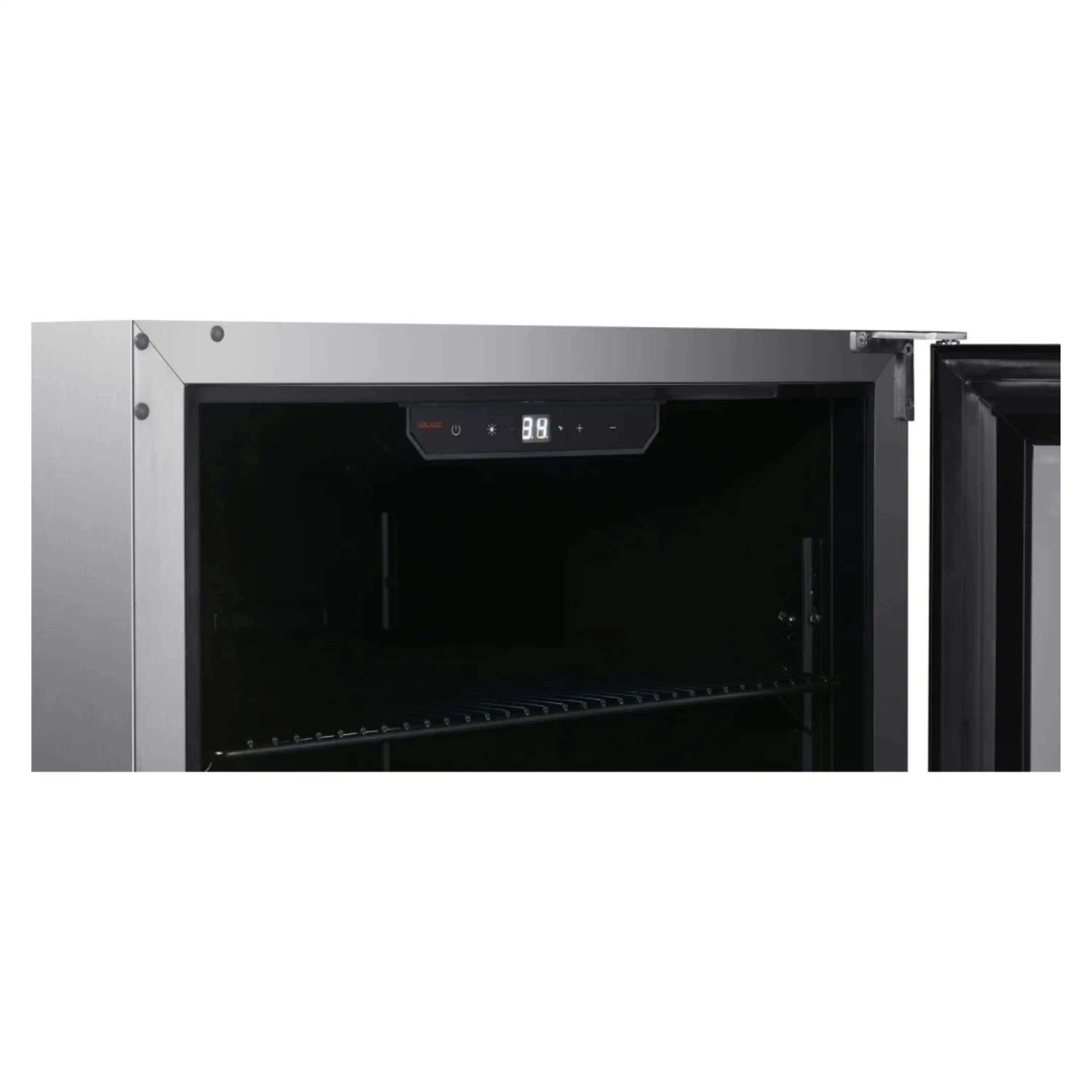 Outdoor beverage cooler interior with digital display panel at top and adjustable shelves