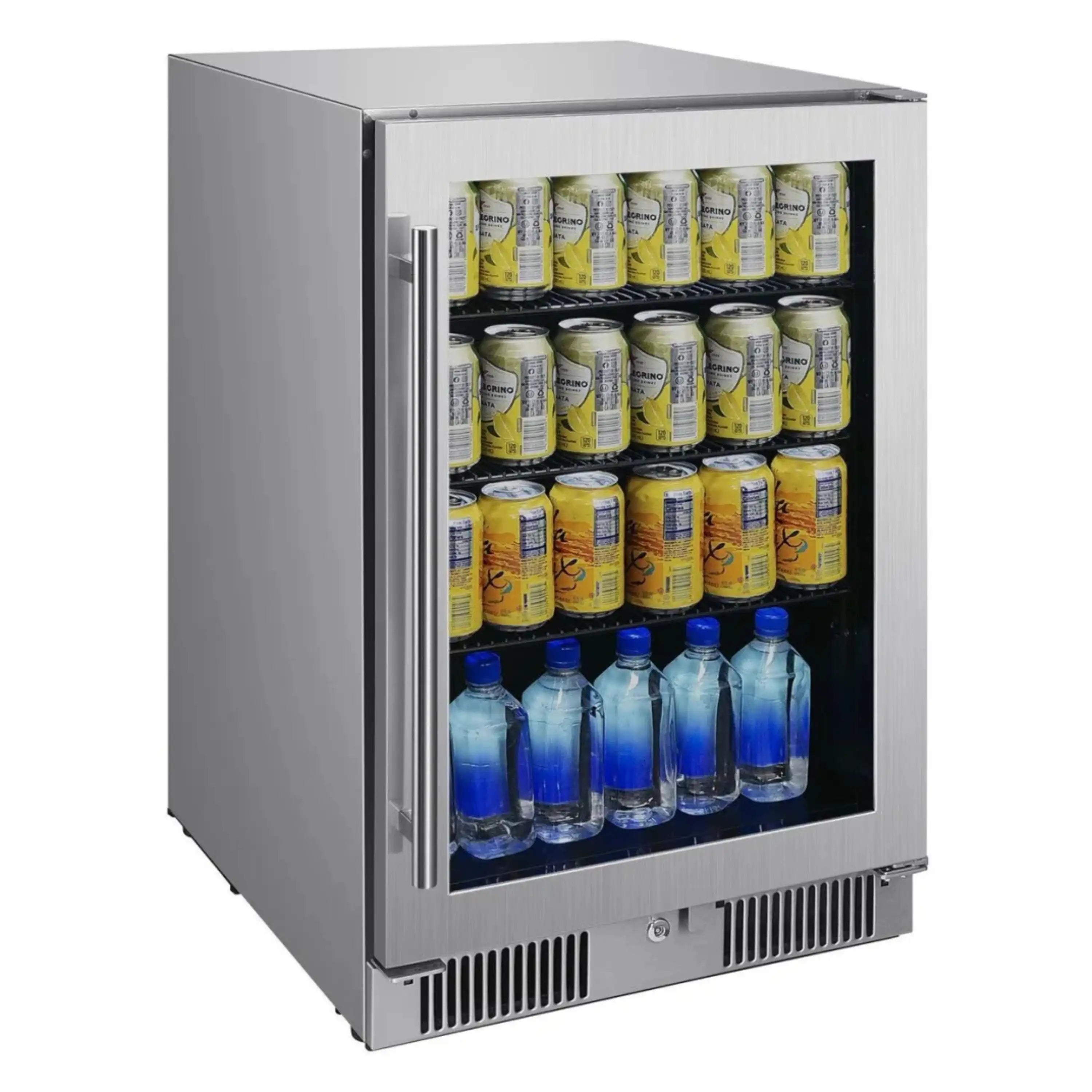 Outdoor beverage cooler with front glass panel, stocked with cans and blue bottles