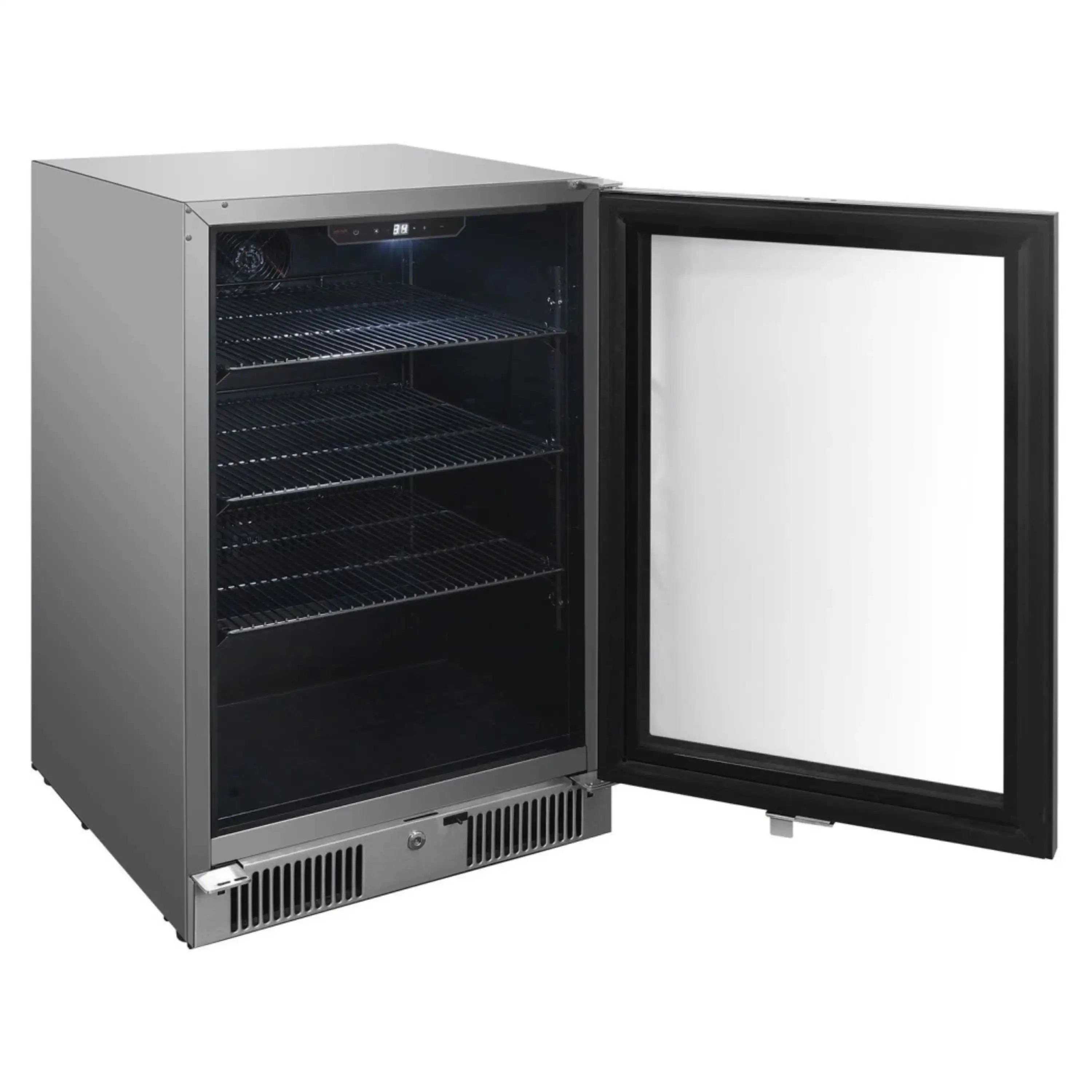 Outdoor beverage cooler with open door, stainless steel frame and glass viewing panel