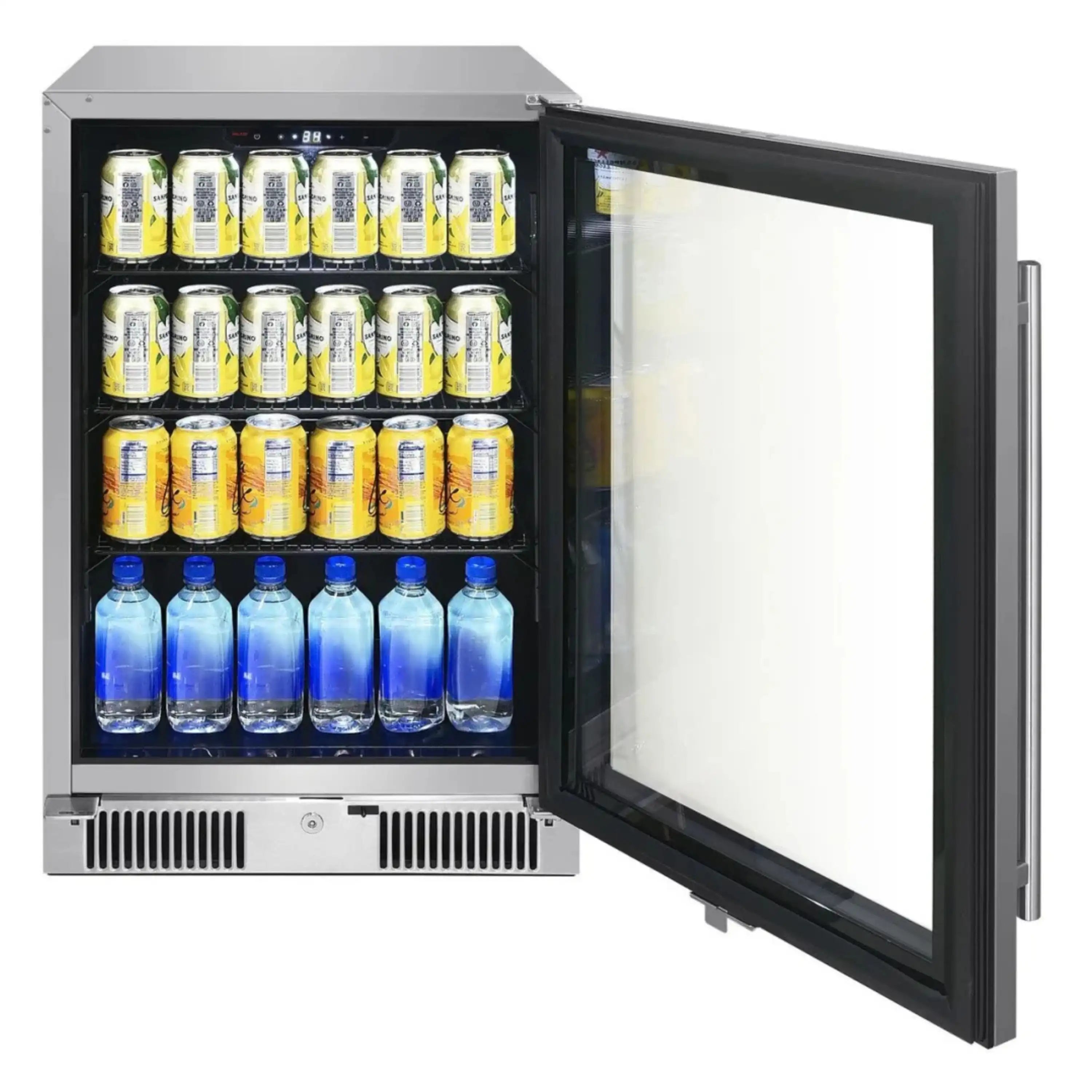 Outdoor beverage cooler with door open, stocked with cans and bottles inside