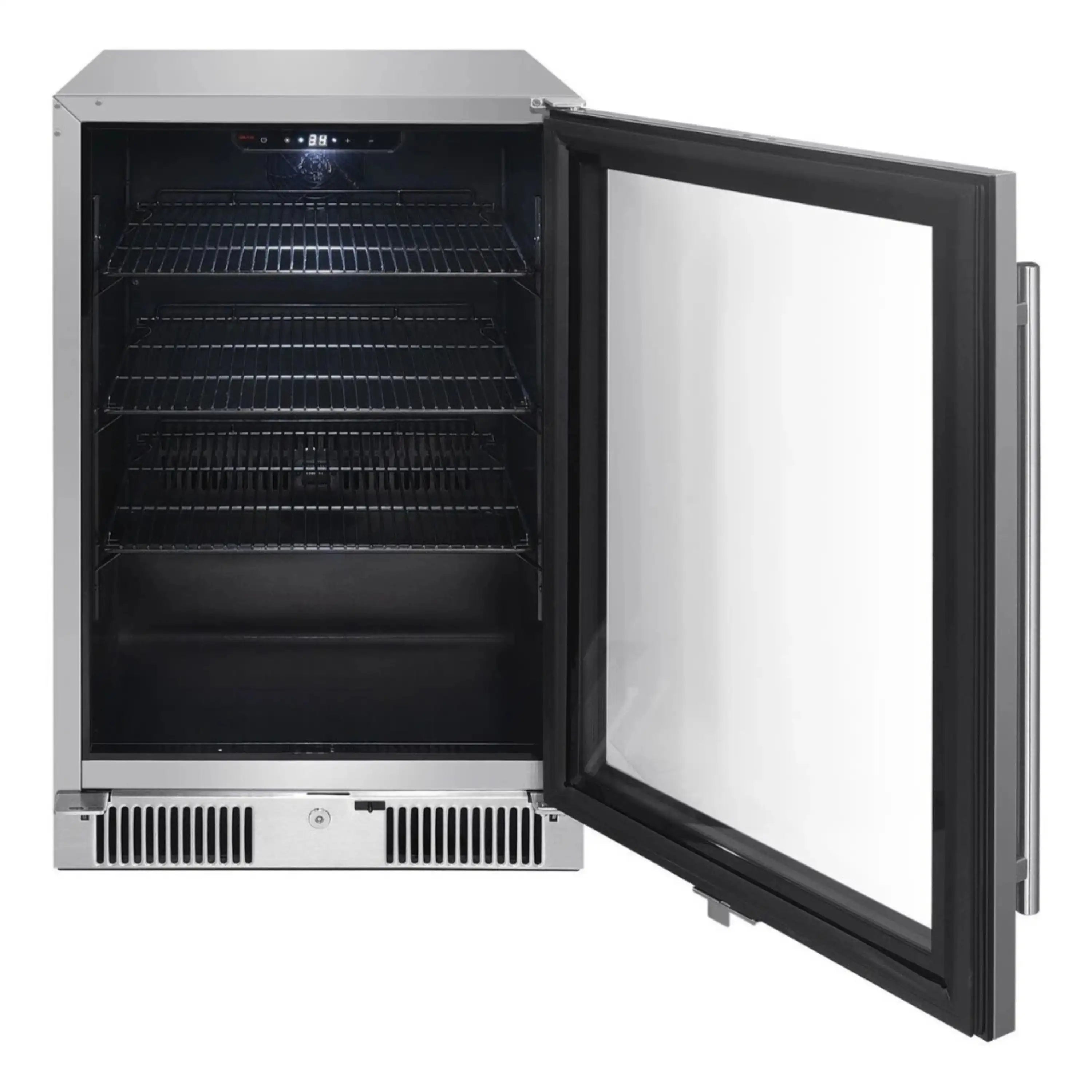 Outdoor beverage cooler with door open, stainless steel cabinet and black interior racks