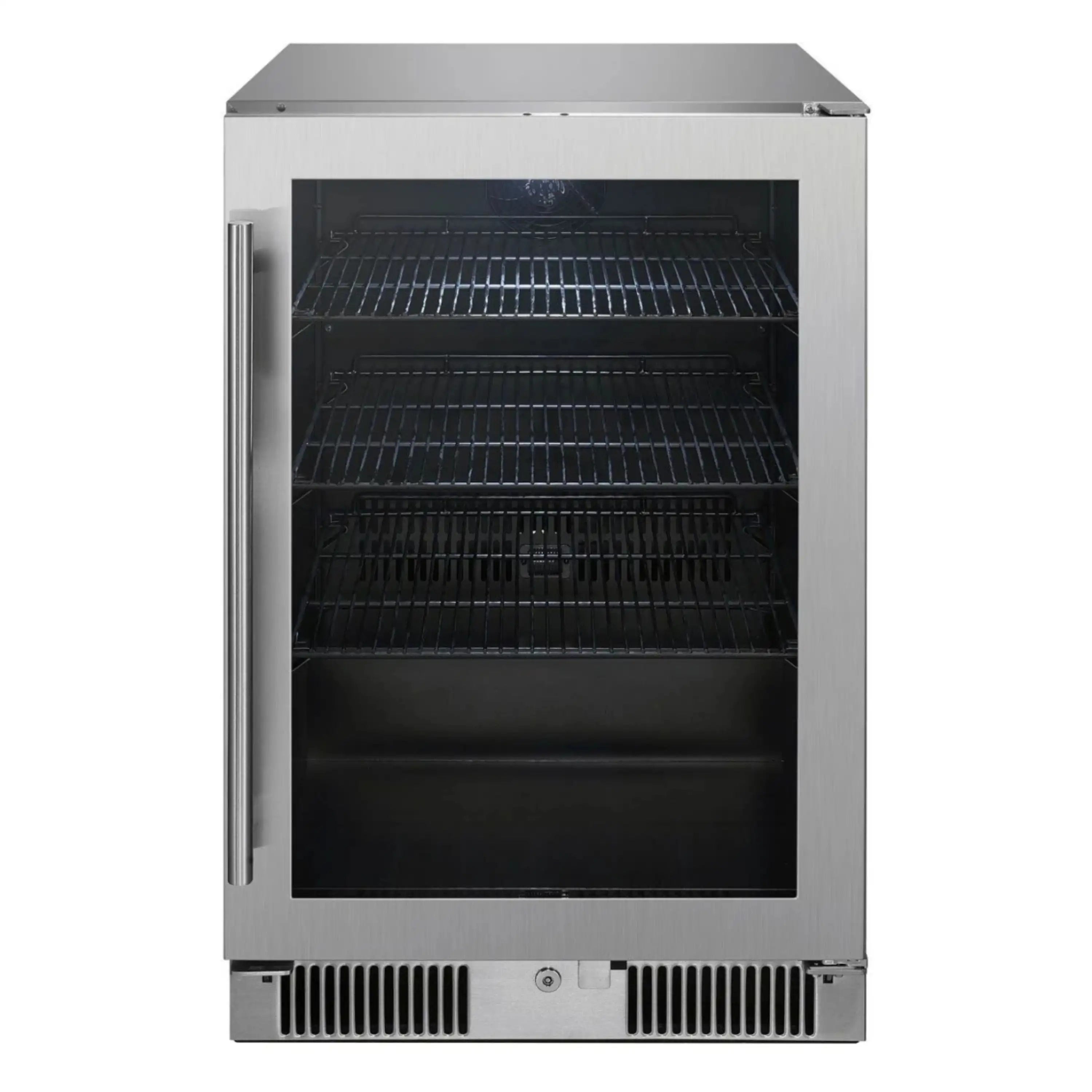Outdoor beverage cooler with lock, stainless steel body and clear front door panel