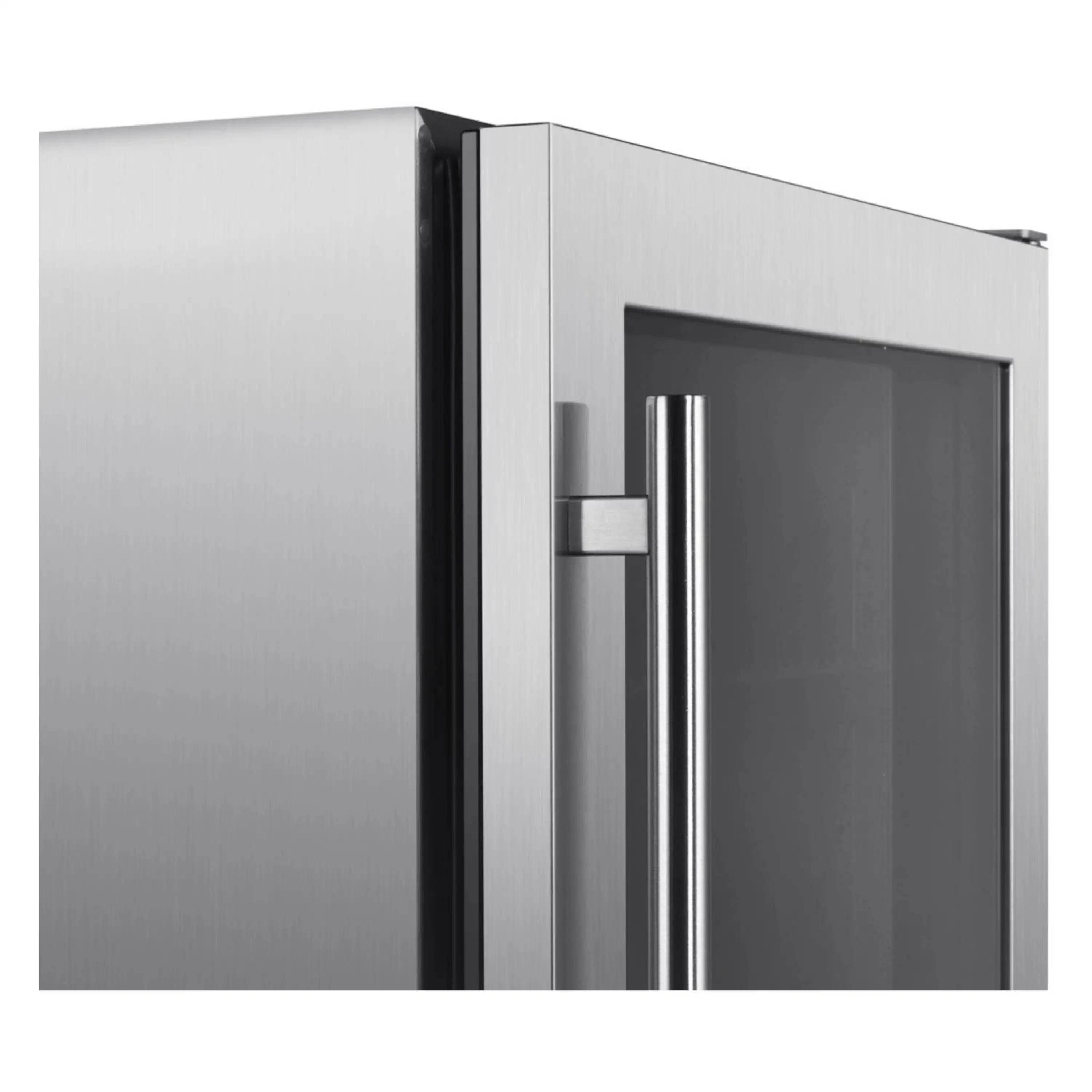 Outdoor beverage cooler stainless steel side with door handle and black door seal trim