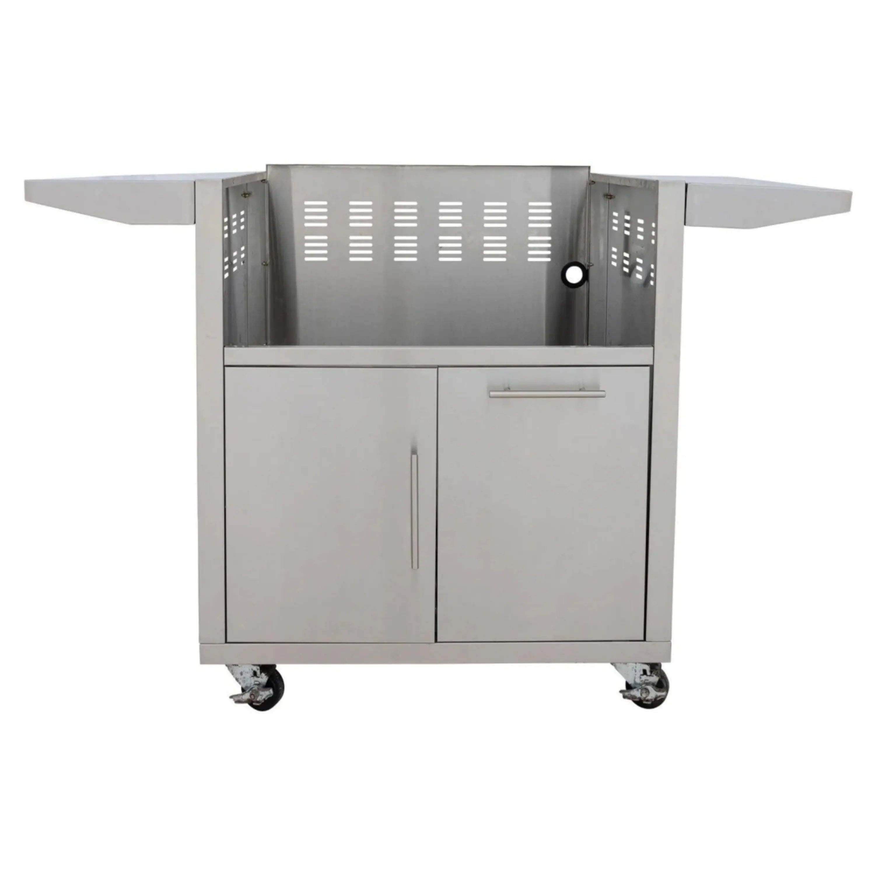Stainless steel grill cart with double doors, vented back panel, and caster wheels