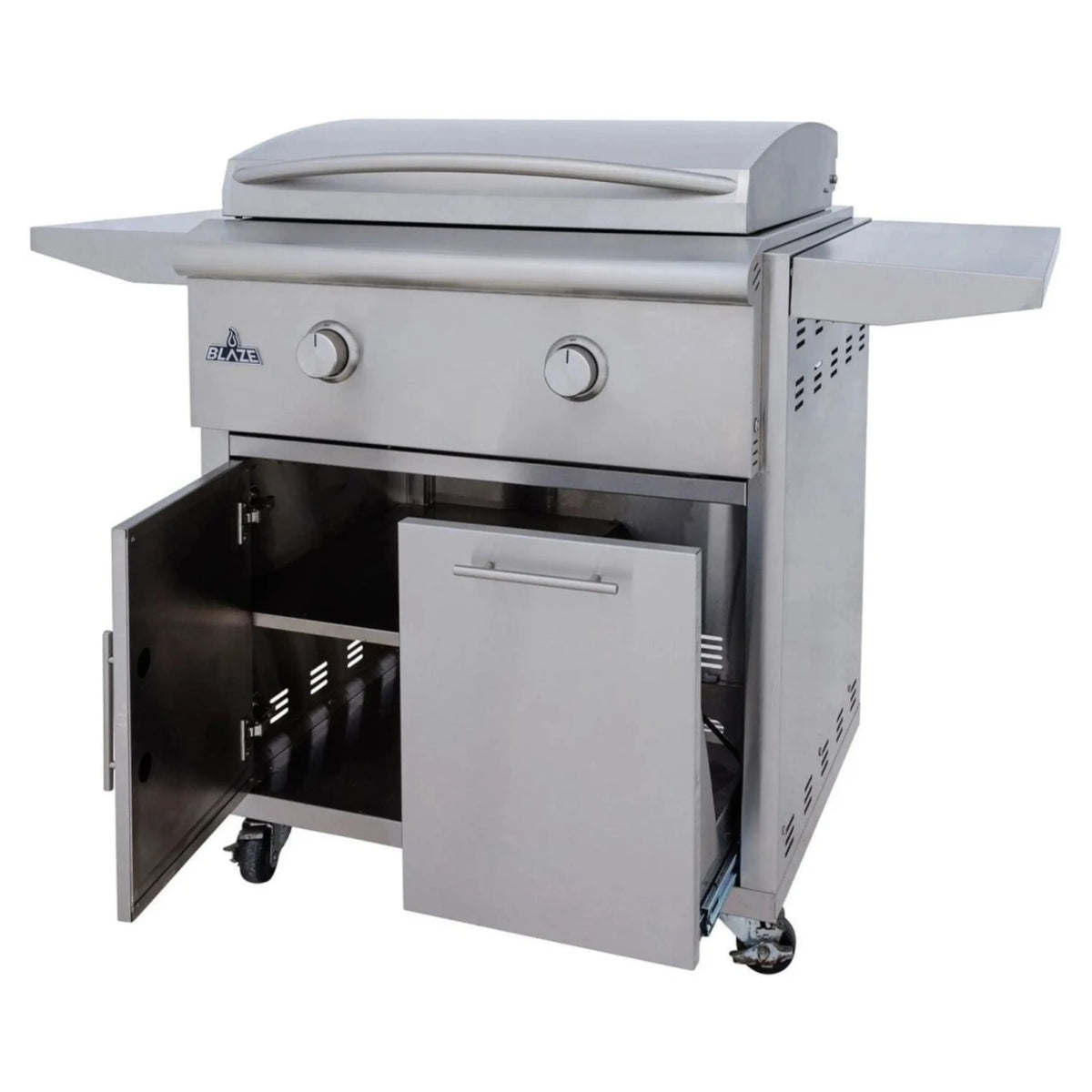 Stainless steel grill cart with side shelves and open firebox door, casters