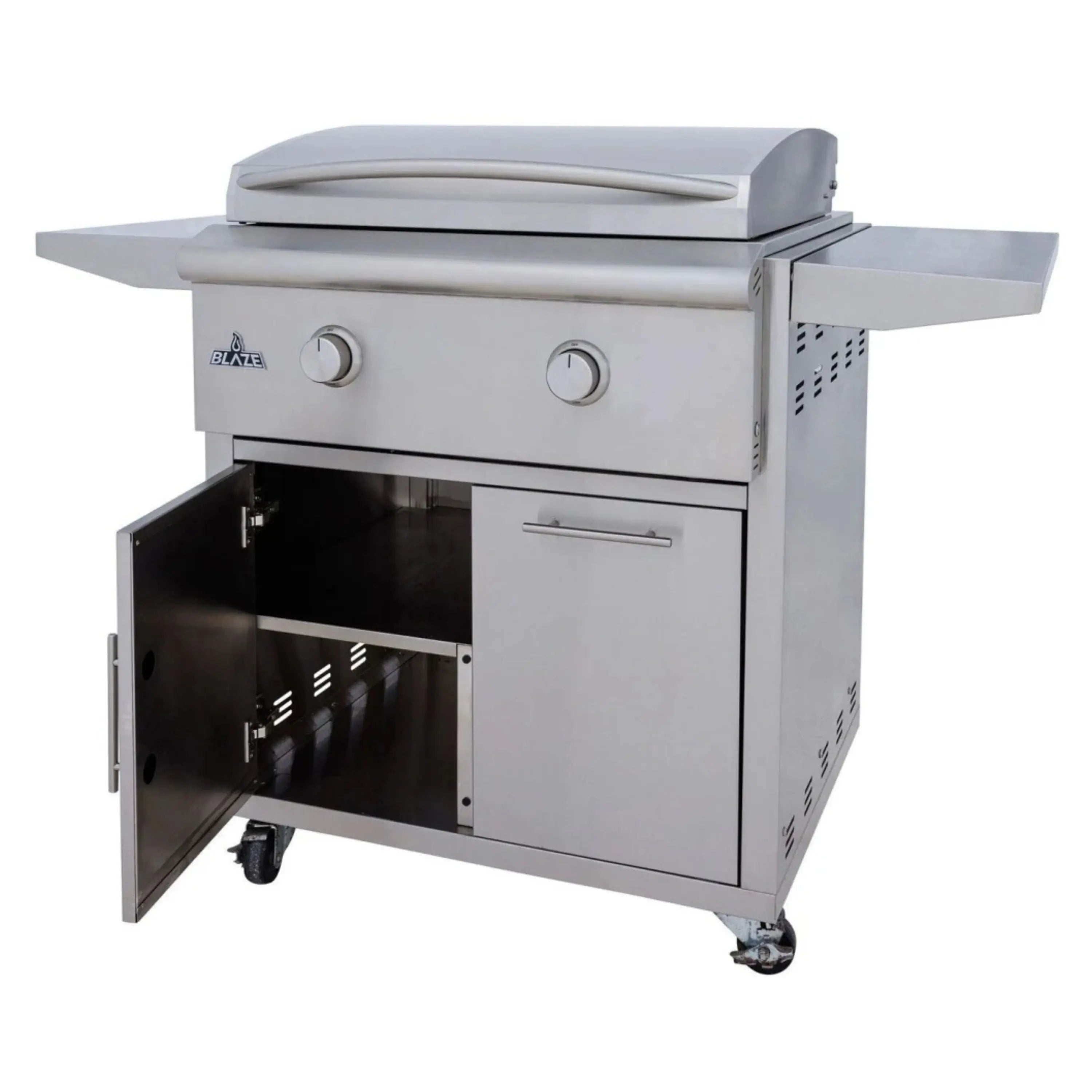 Stainless steel grill cart with side shelves, open cabinet, and control knobs