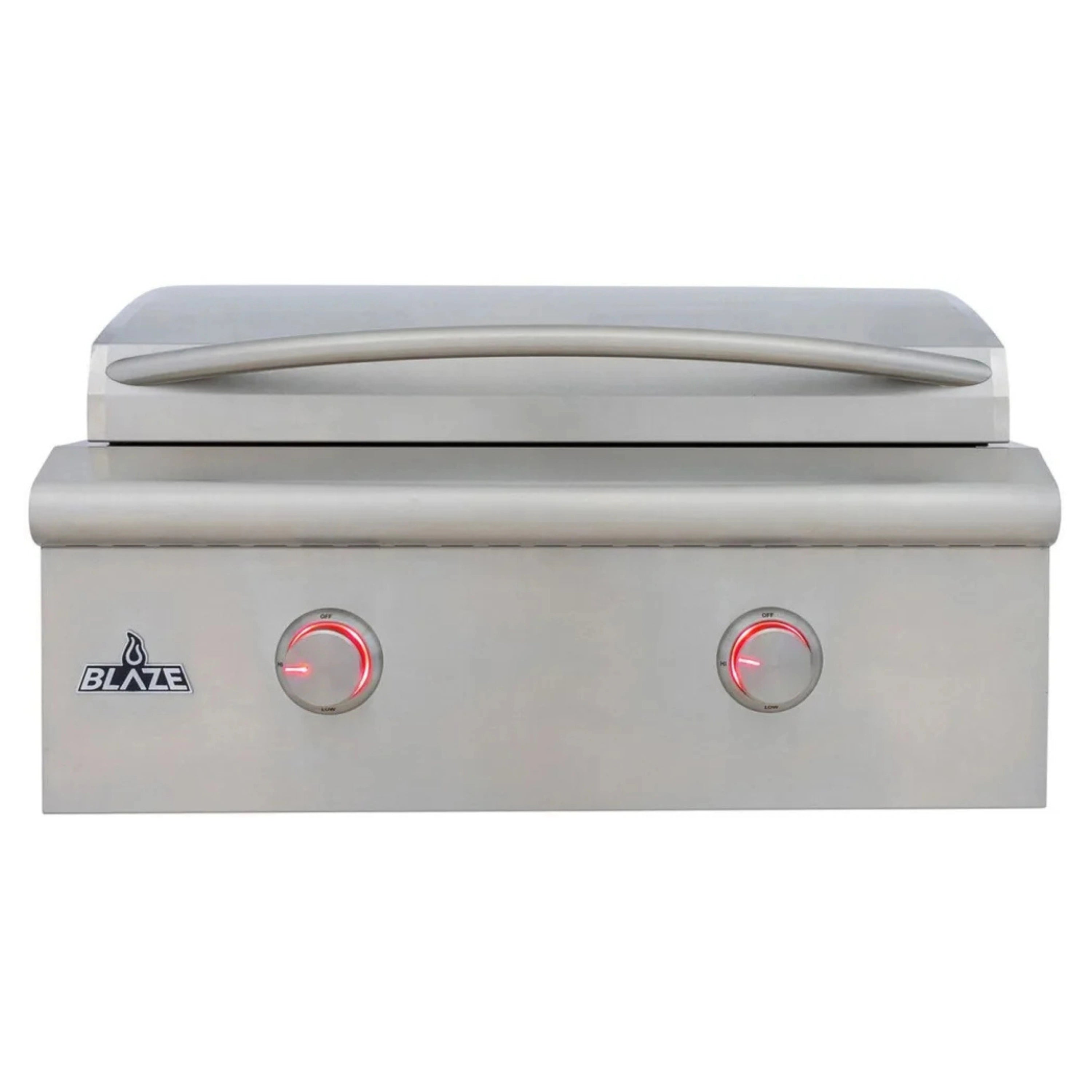 Stainless steel natural gas griddle with closed hood and red-lit control knobs