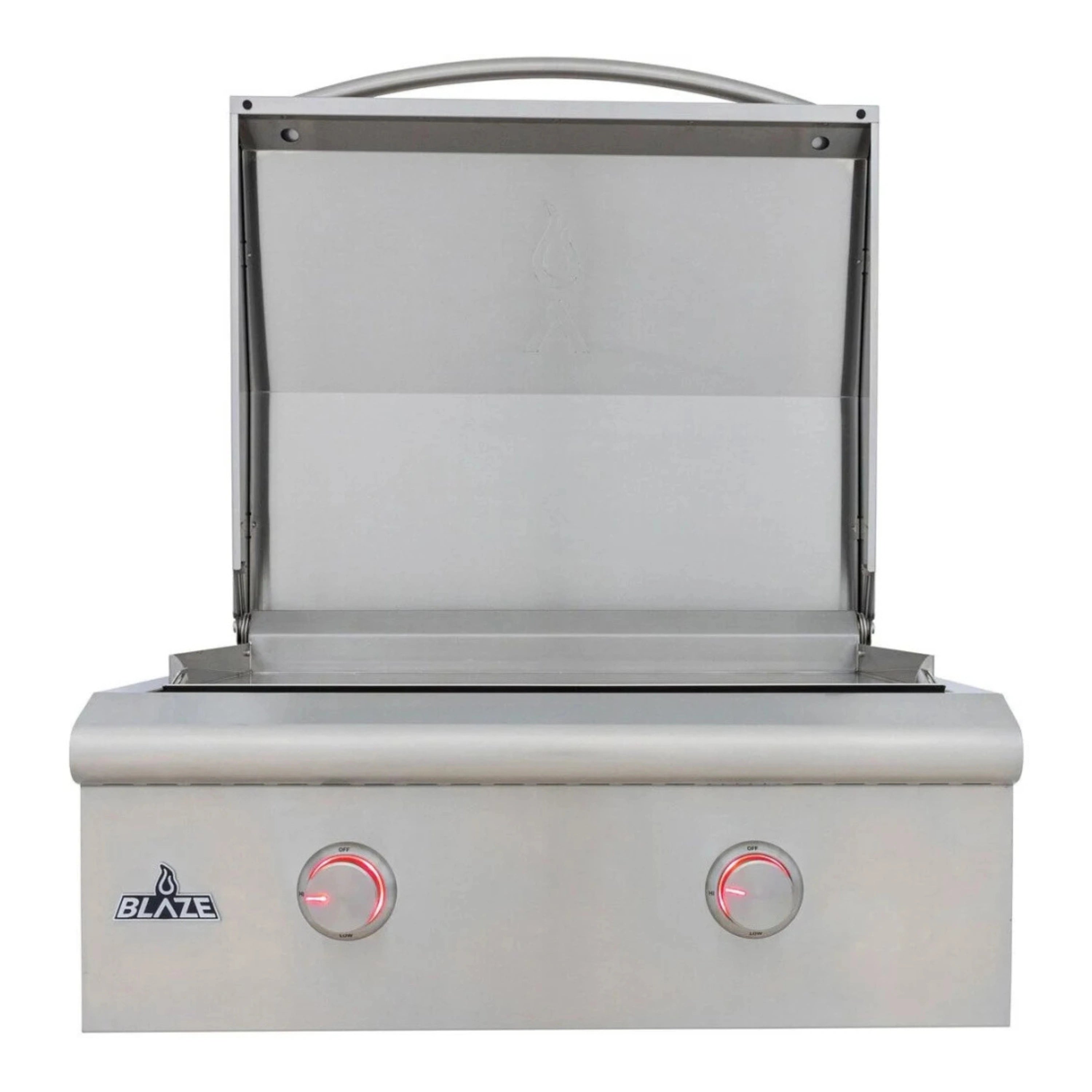 Stainless steel propane griddle with open lift-assist hood and two front control knobs