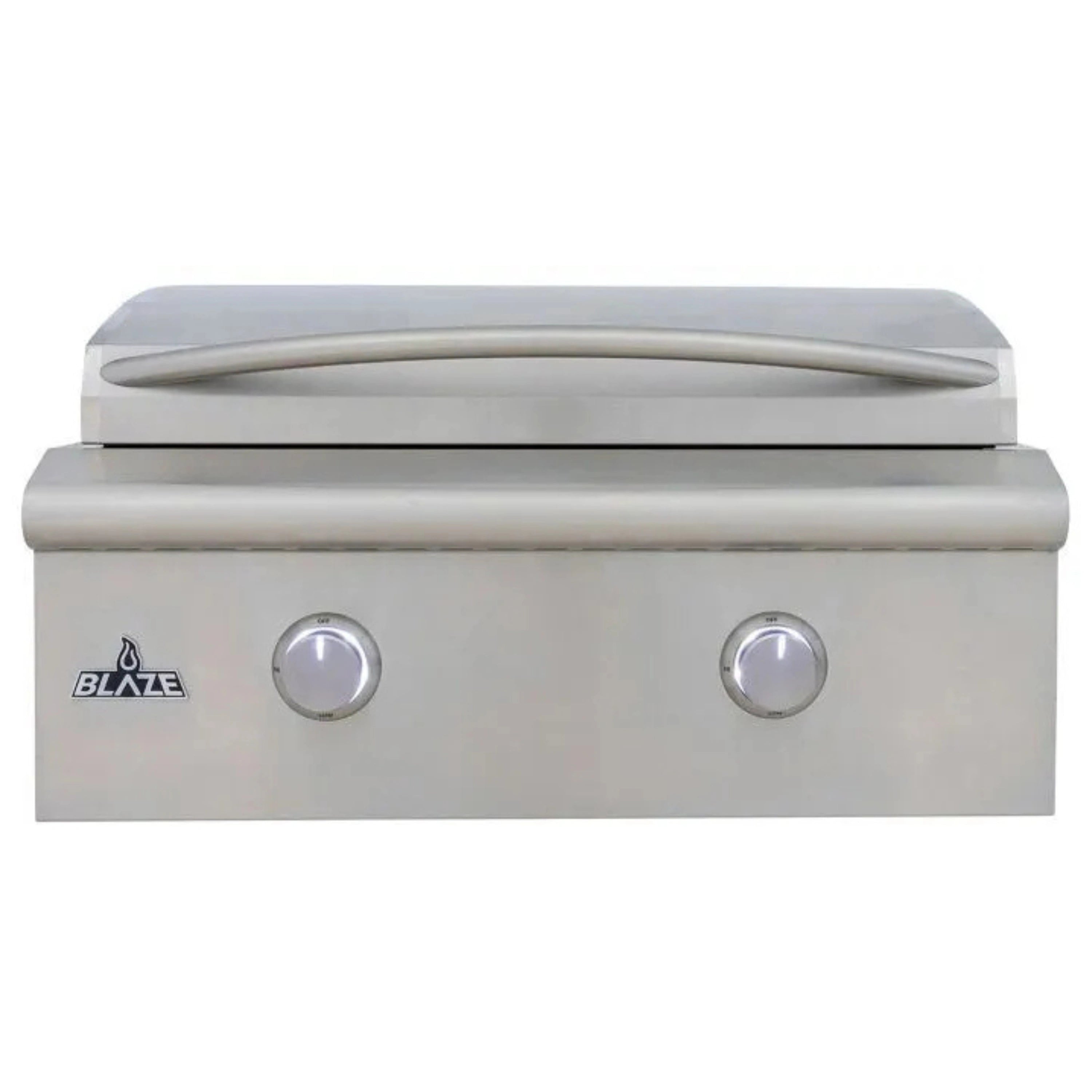 Stainless steel natural gas griddle with closed lift-assist hood and blue control knobs