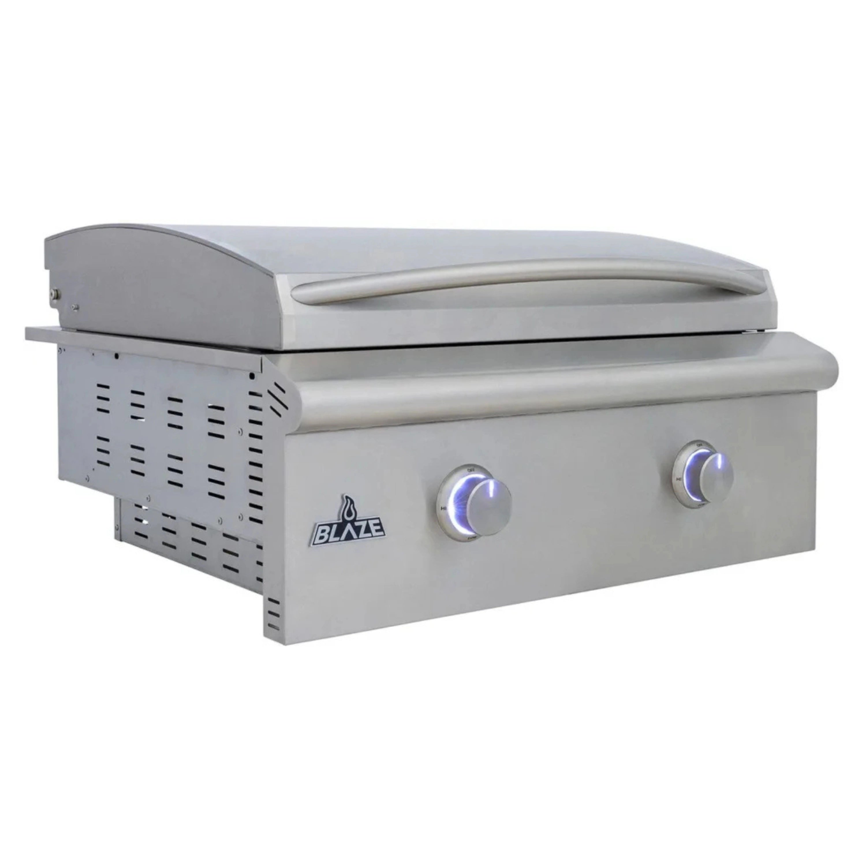 Stainless steel natural gas griddle with open side panel and blue-lit control knobs