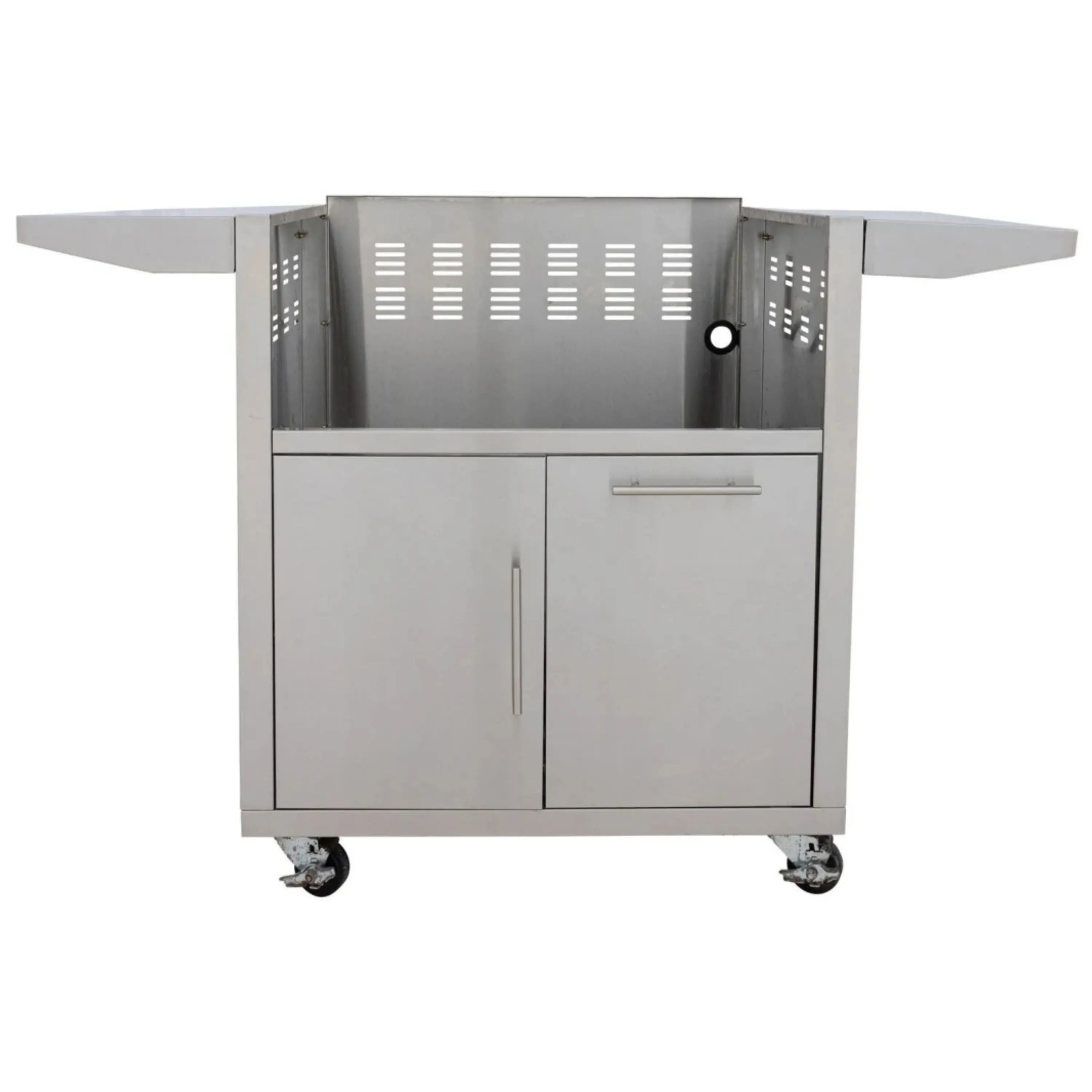 Stainless grill cart with open side panels, cabinet doors, pull-out drawer, and wheels