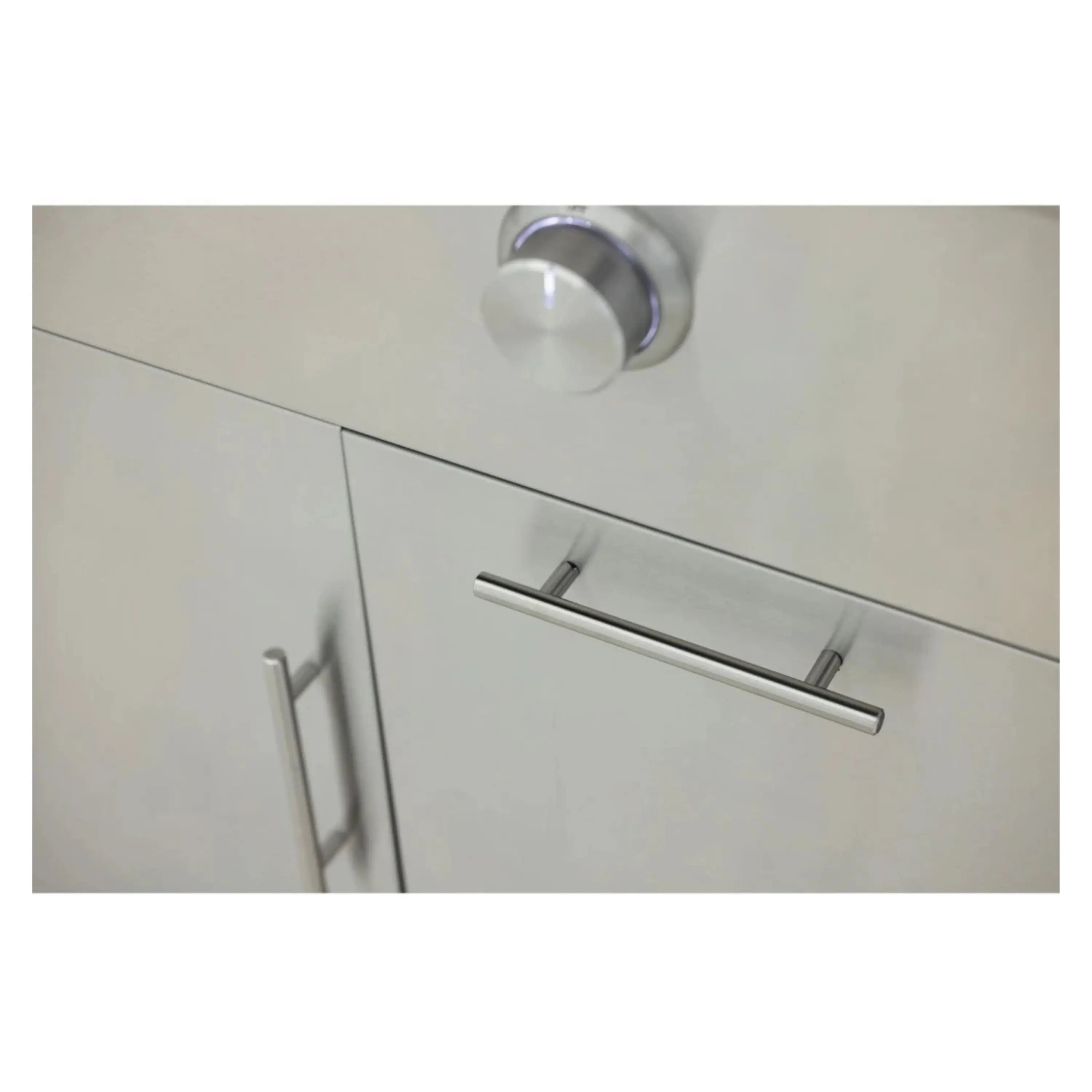 Stainless grill cart cabinet door handle and round knob detail