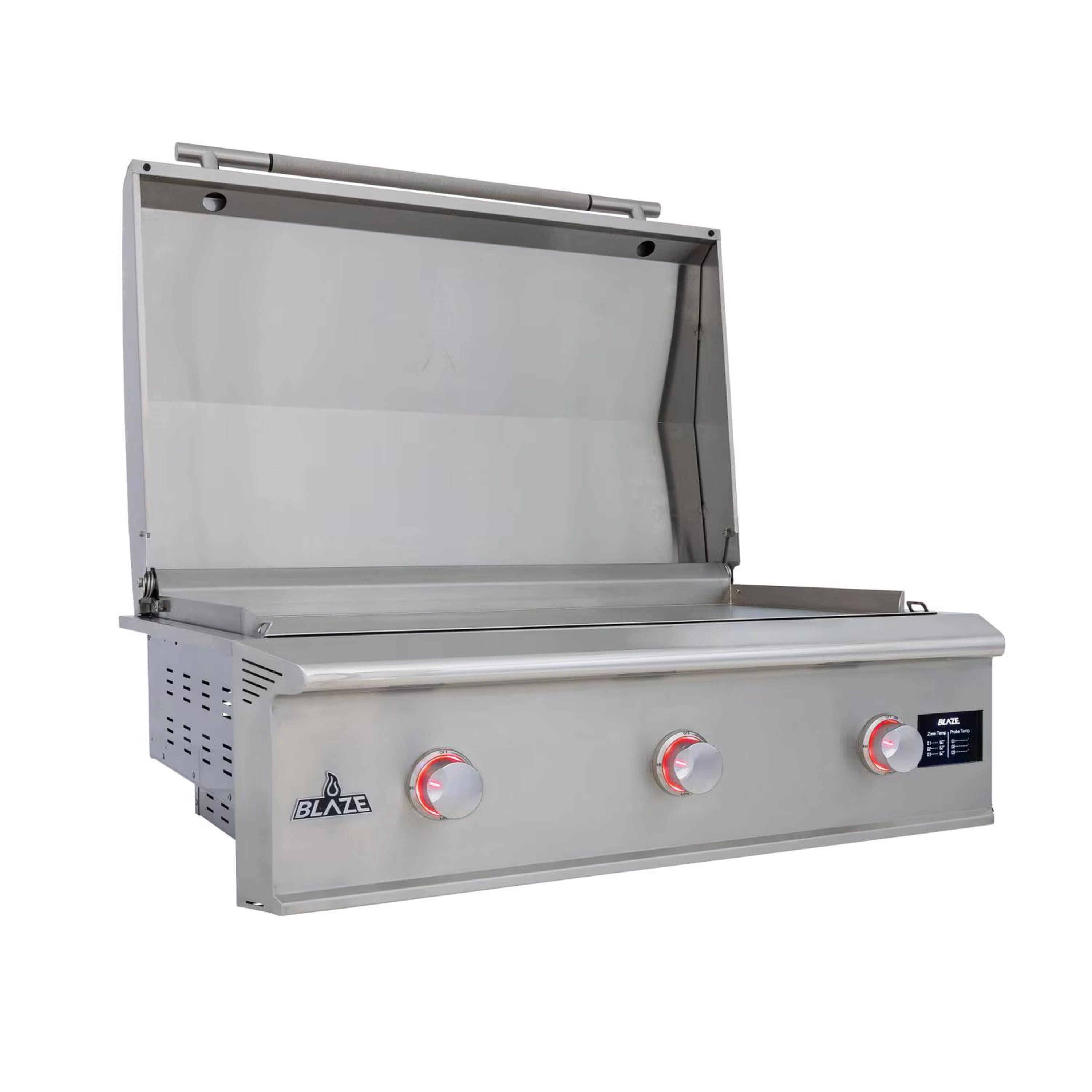 Stainless gas griddle with open lift-assist lid and three control knobs