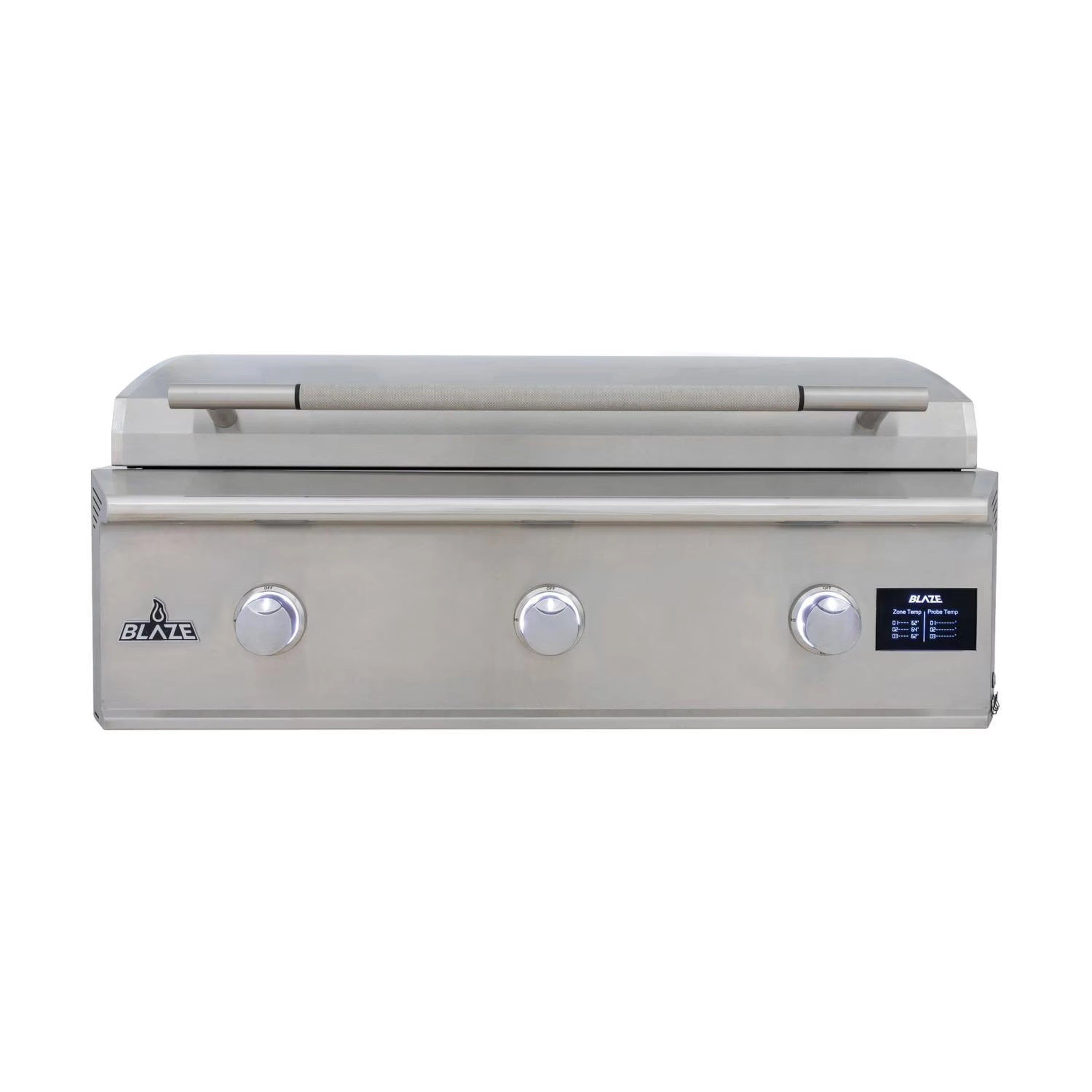 Stainless gas griddle front with three knobs and digital temperature screen