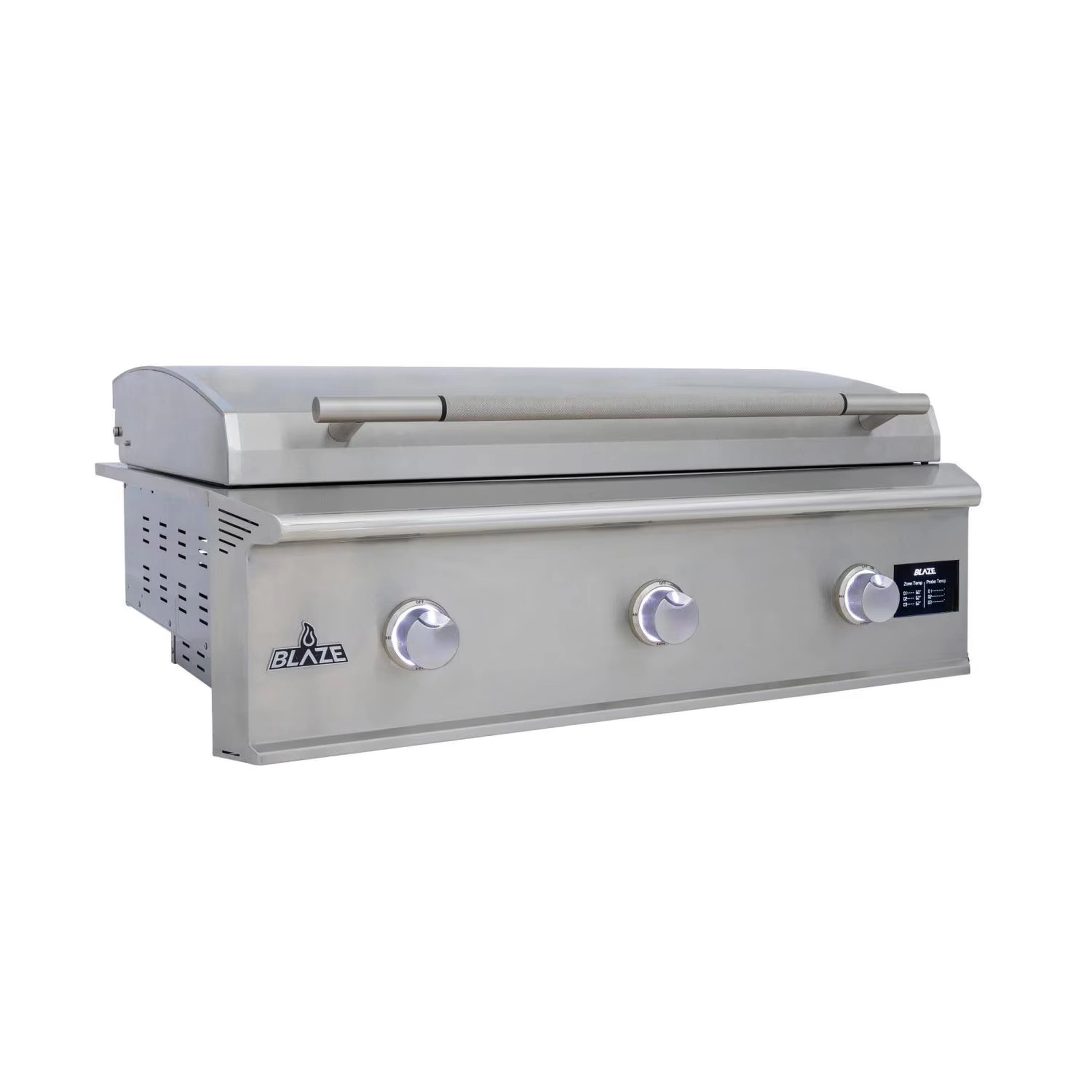 Outdoor stainless steel gas griddle with closed lid and three round control knobs