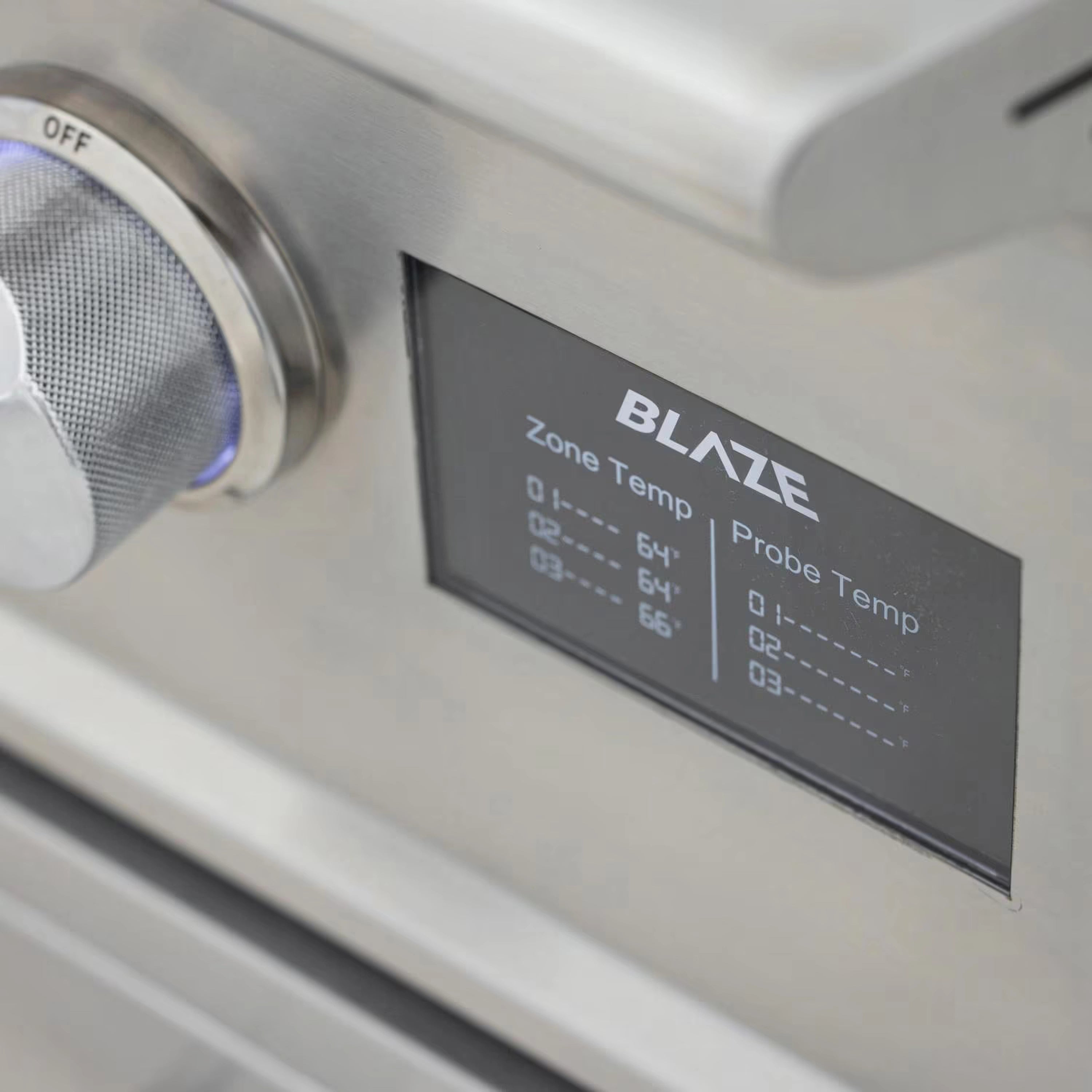Blaze digital temperature screen on gas griddle showing zone and probe temps