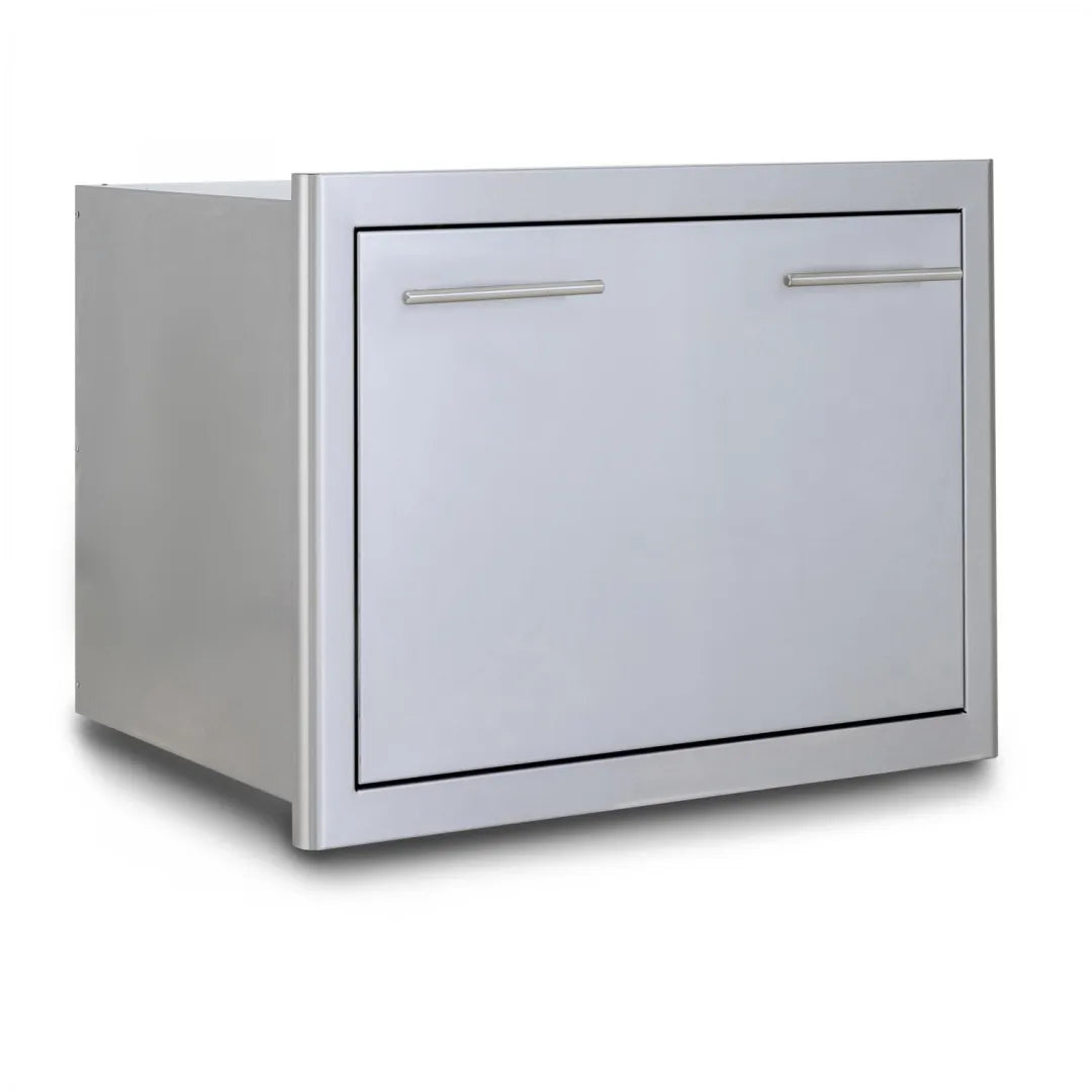 Stainless steel insulated ice drawer with front panel and two slim bar handles