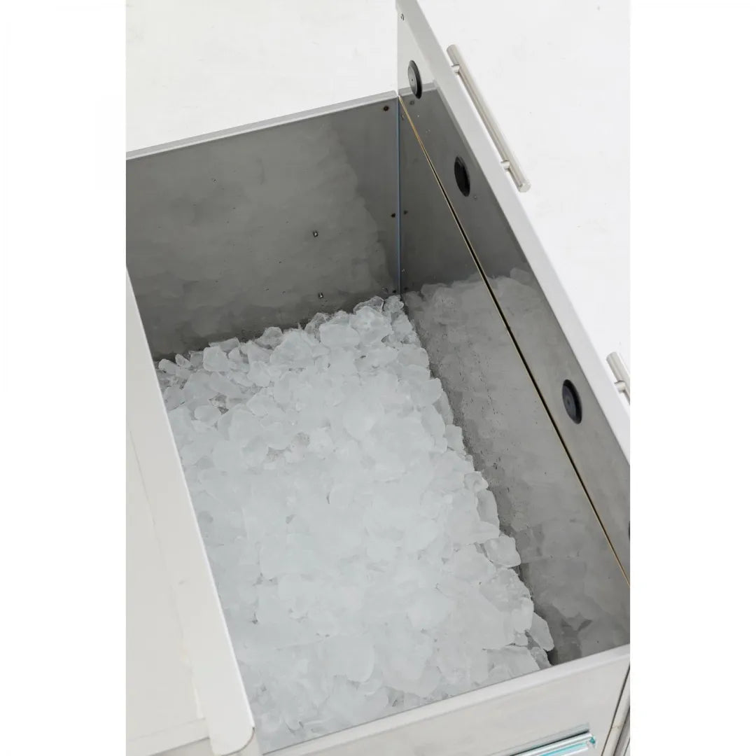 Open stainless insulated ice drawer with ice fill and interior divider panel