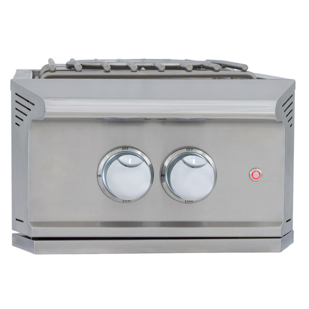 Stainless steel natural gas burner with two control knobs and burner assembly top