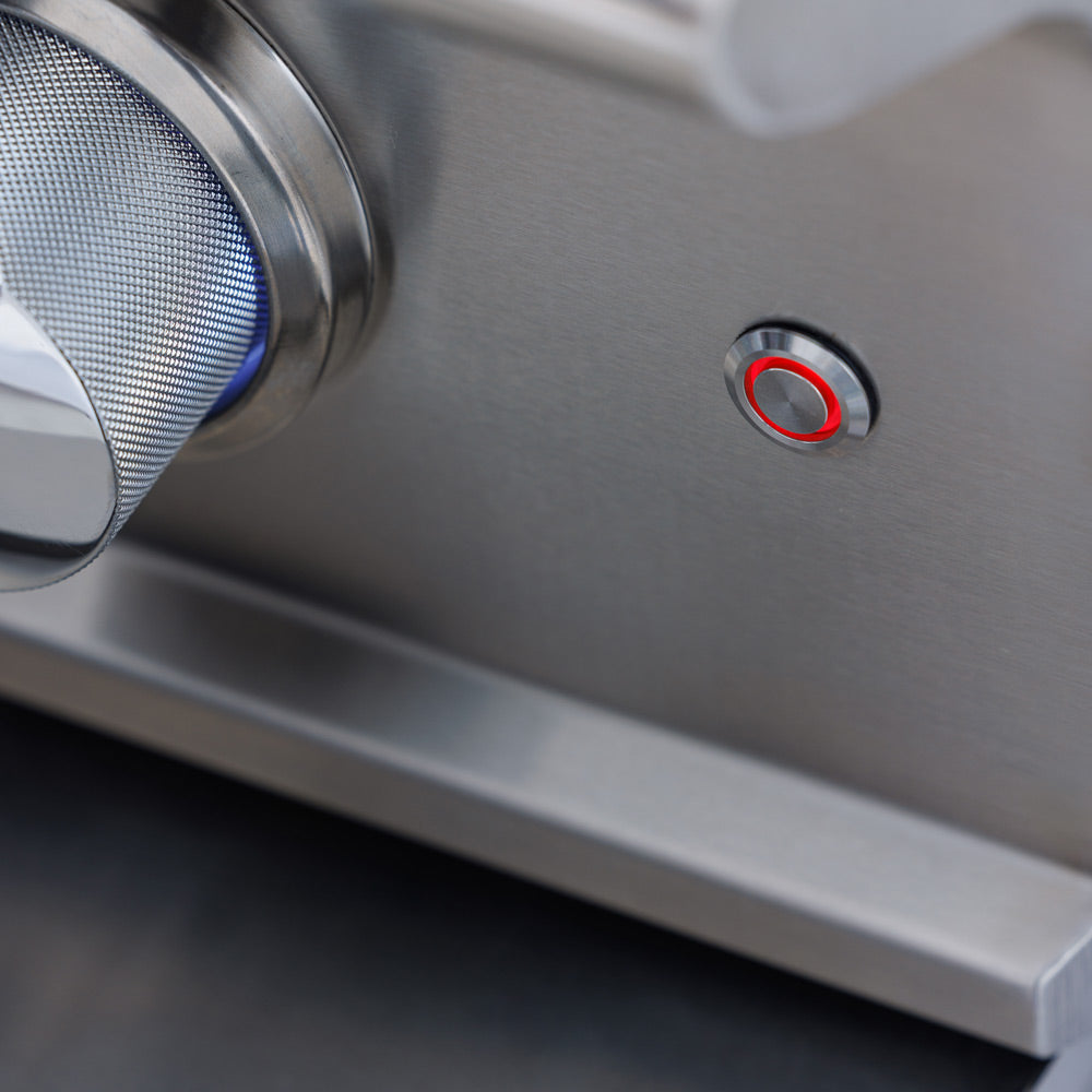 Stainless steel natural gas burner control panel with red-ring push button
