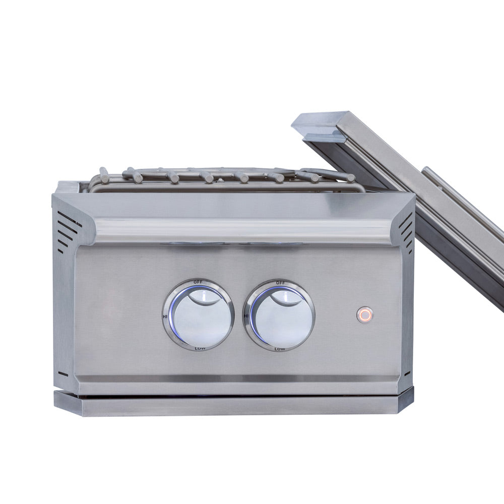 Stainless steel natural gas power burner with two control knobs and side button