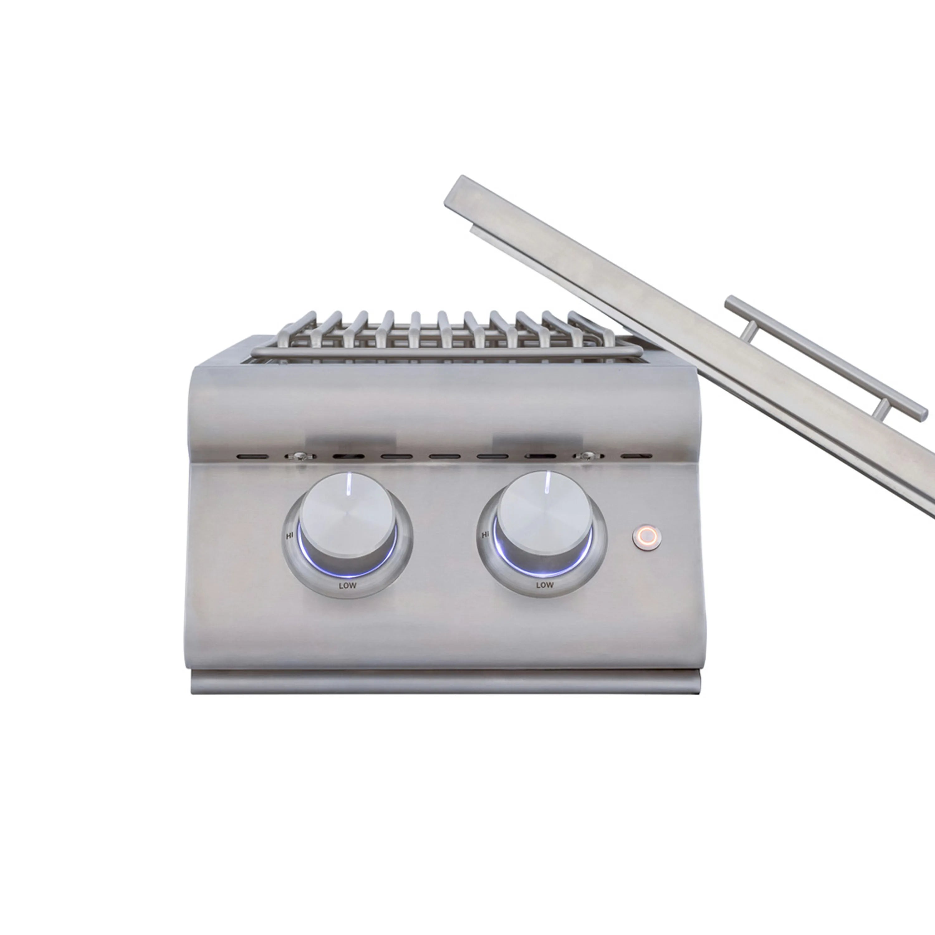 Stainless steel double side burner with two control knobs and side cooking grate