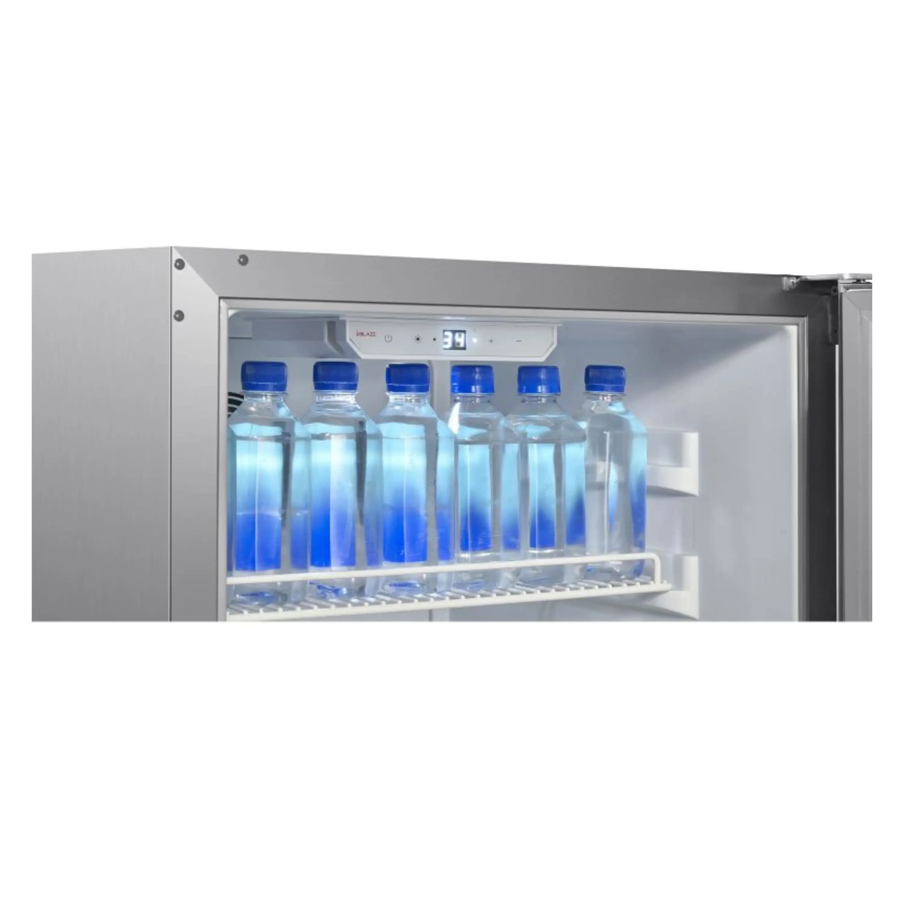 Compact refrigerator interior with rows of blue bottles and wire shelves