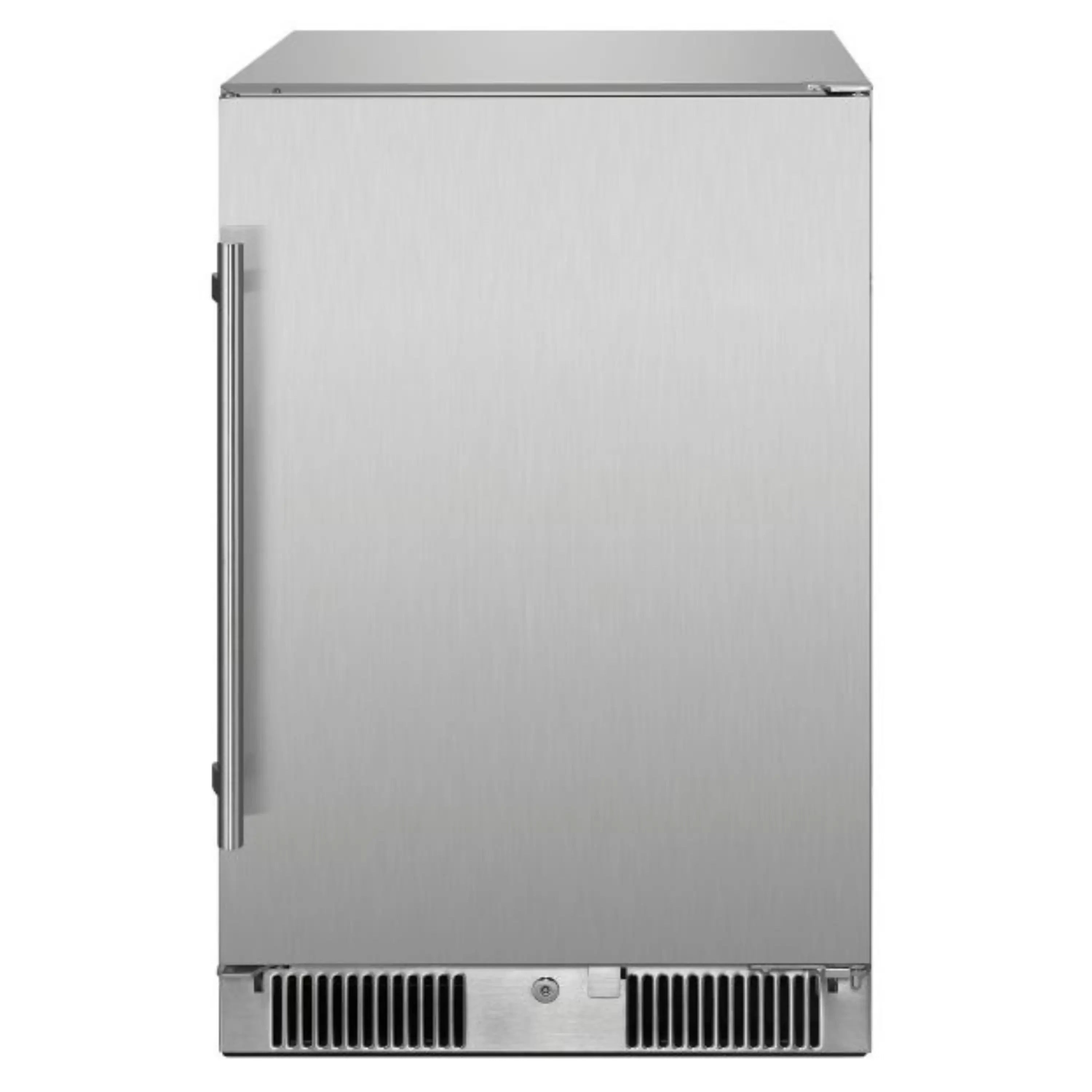 Bottom view of stainless steel compact refrigerator with vent grilles and controls