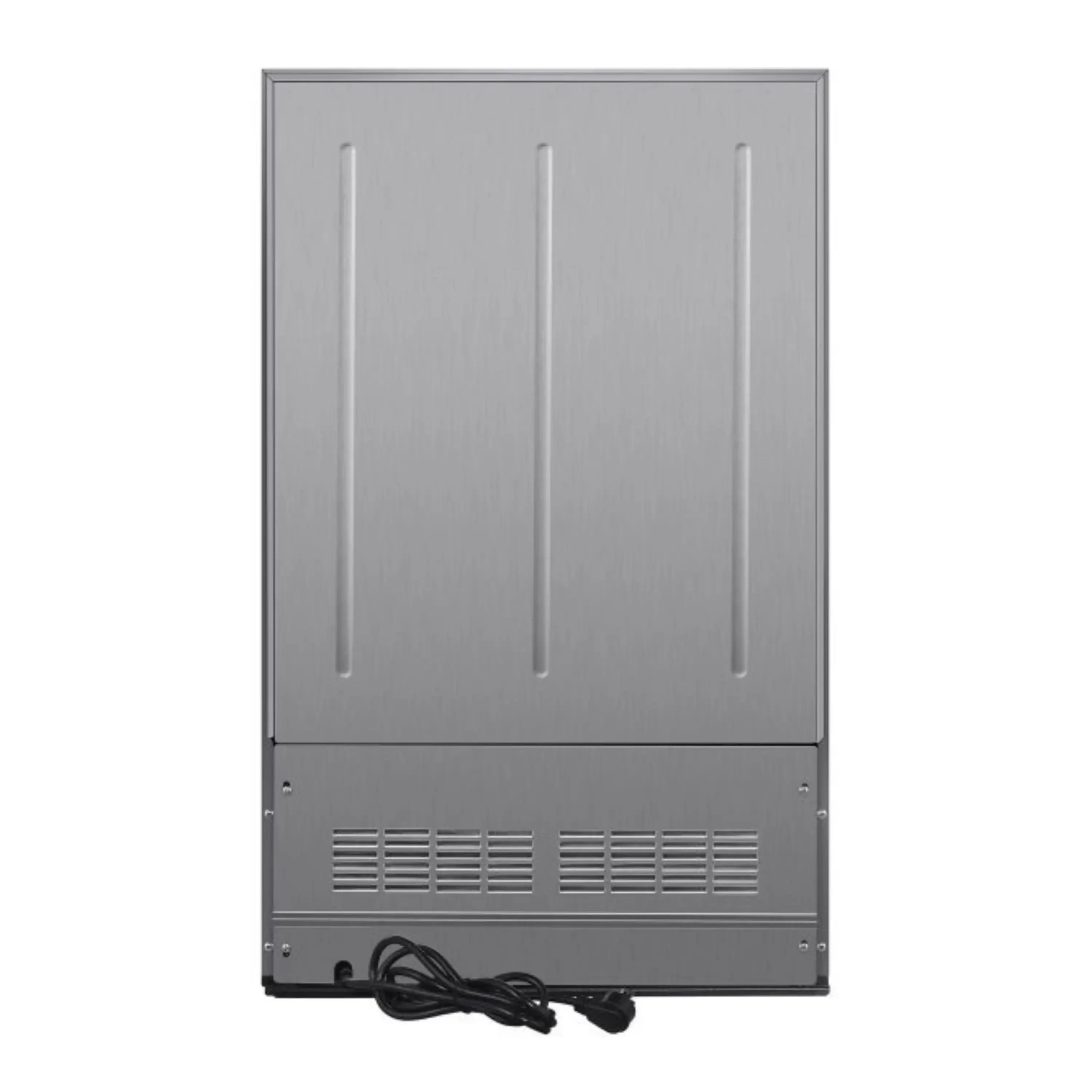Stainless steel compact refrigerator front with ventilation grilles and power cord