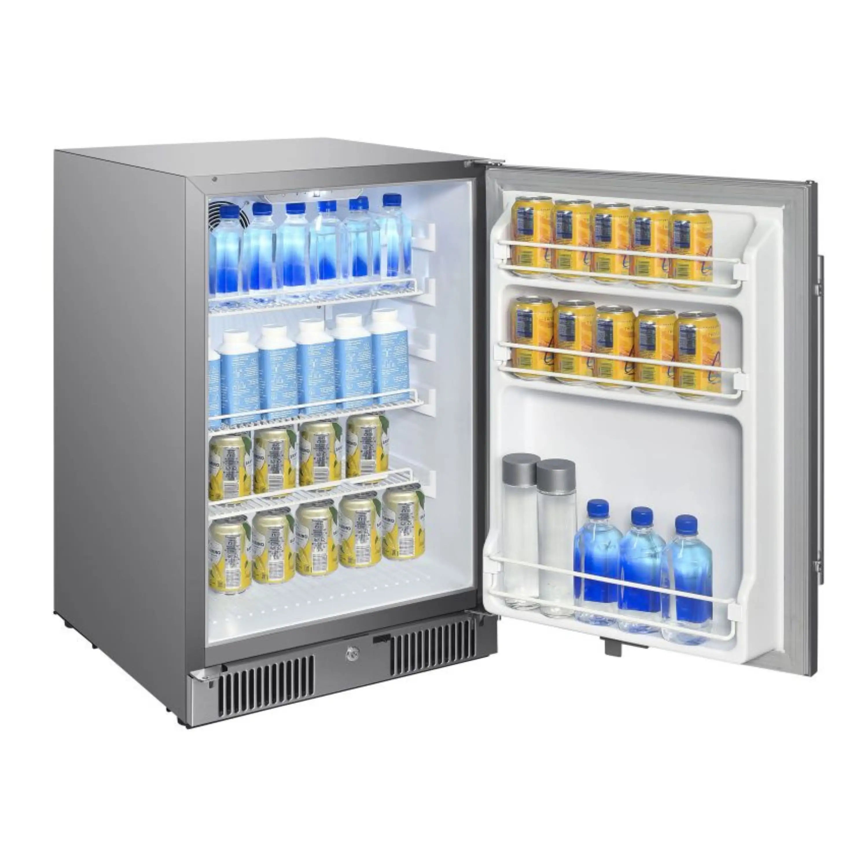 Compact refrigerator with open door, blue bottles, and yellow jar shelves