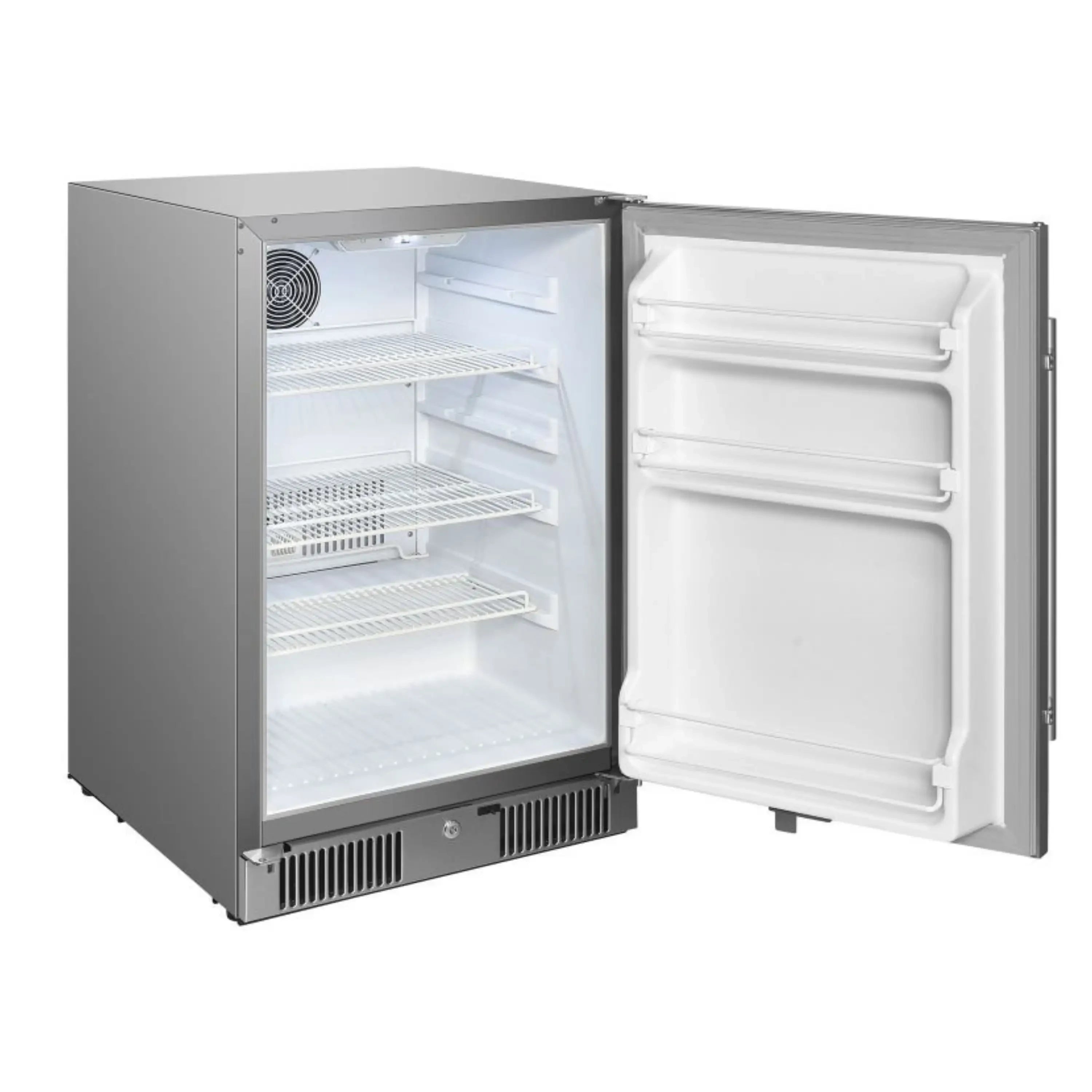 Stainless steel compact refrigerator with open door and stocked interior shelves