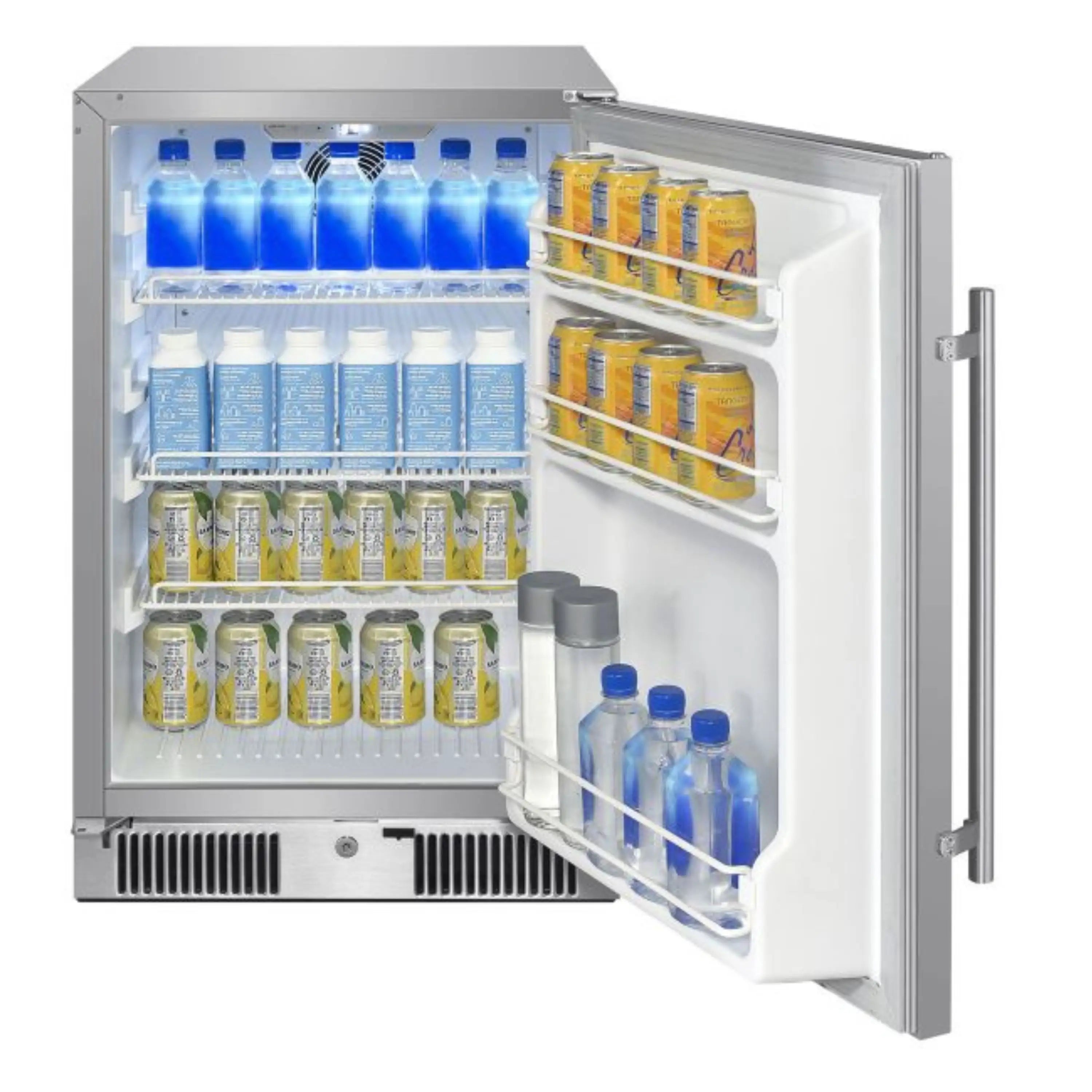 Compact refrigerator with open door showing drinks bottles, jars, and interior racks