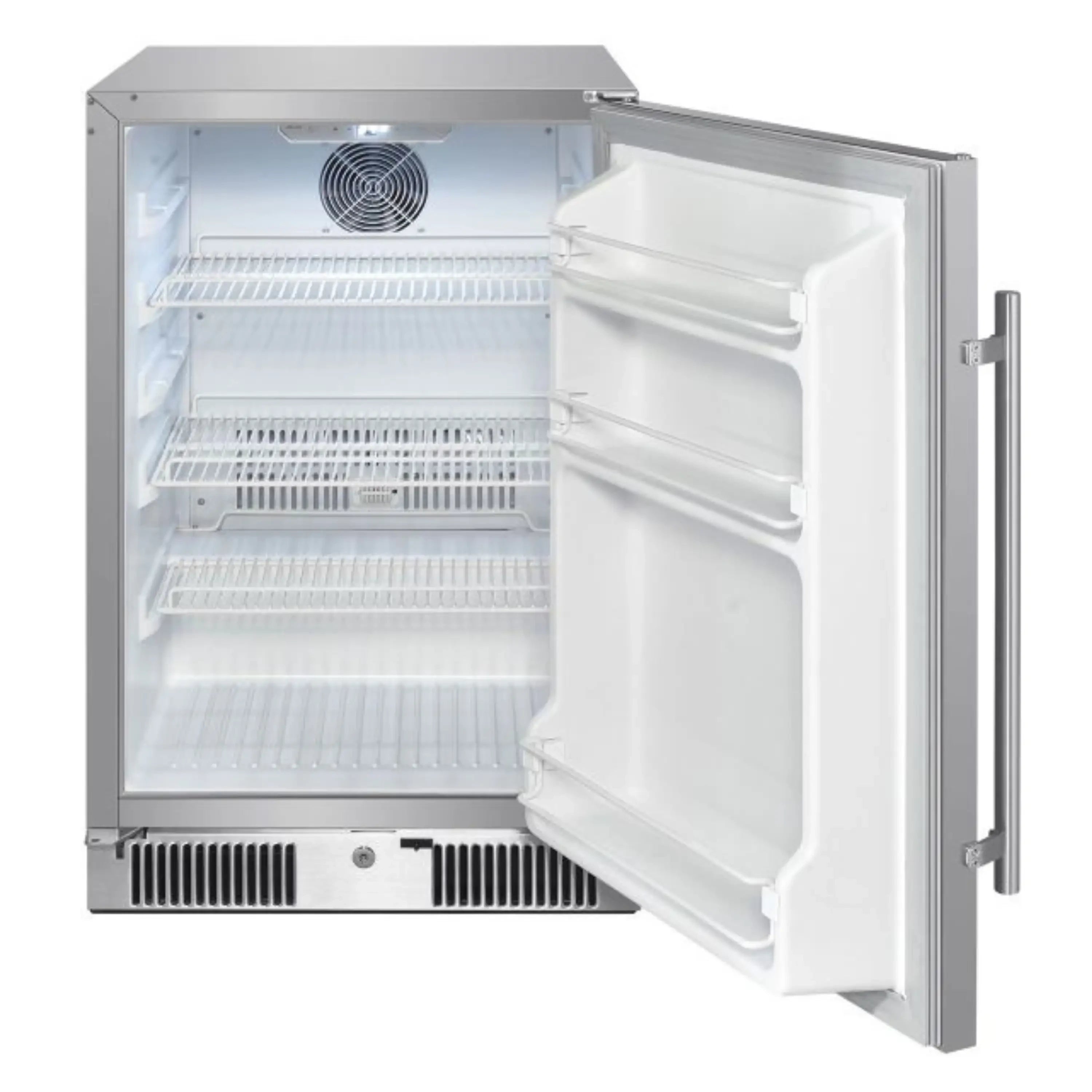 Stainless steel compact refrigerator with open door showing interior shelves and drawers