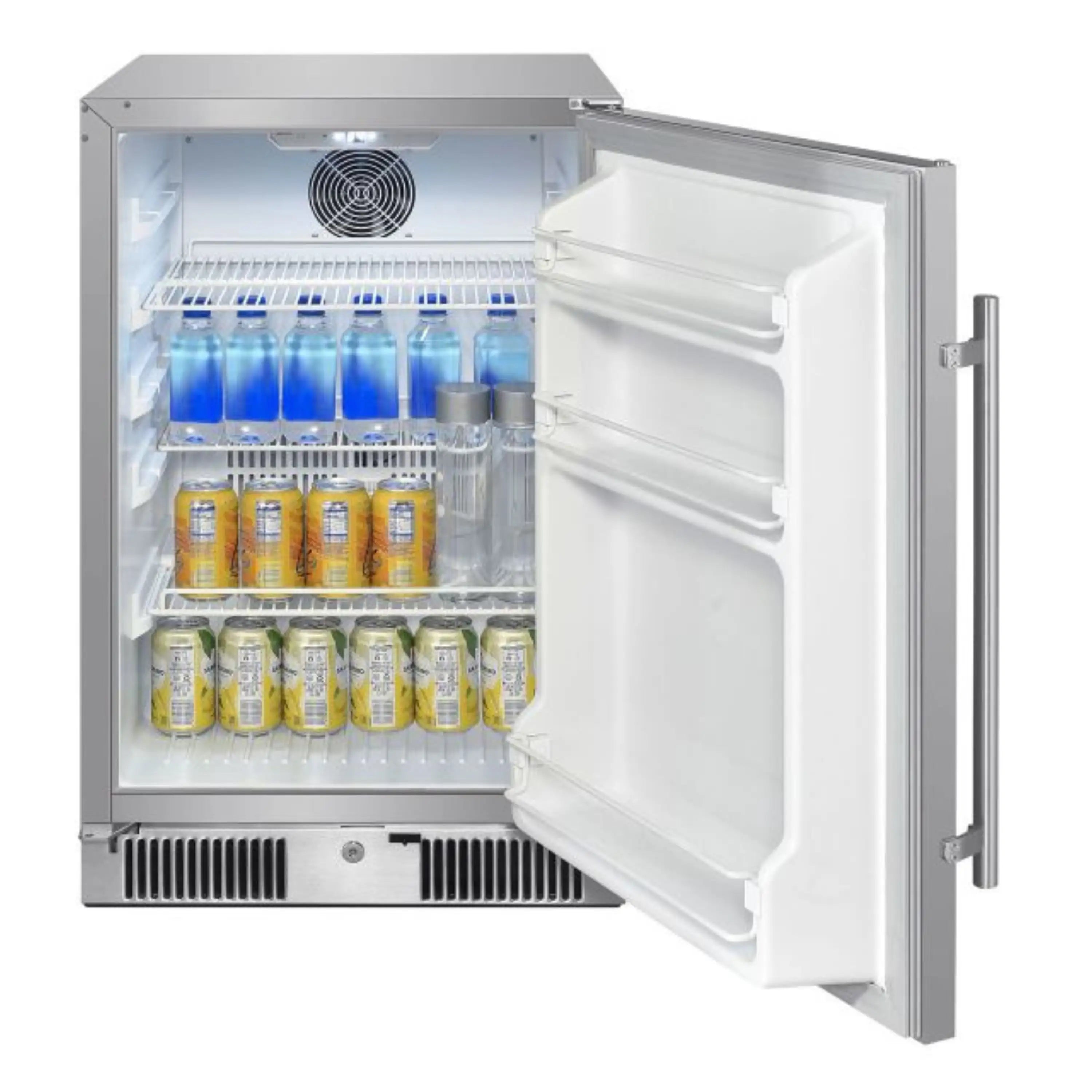 Compact refrigerator with open door holding blue bottles and yellow jars in racks