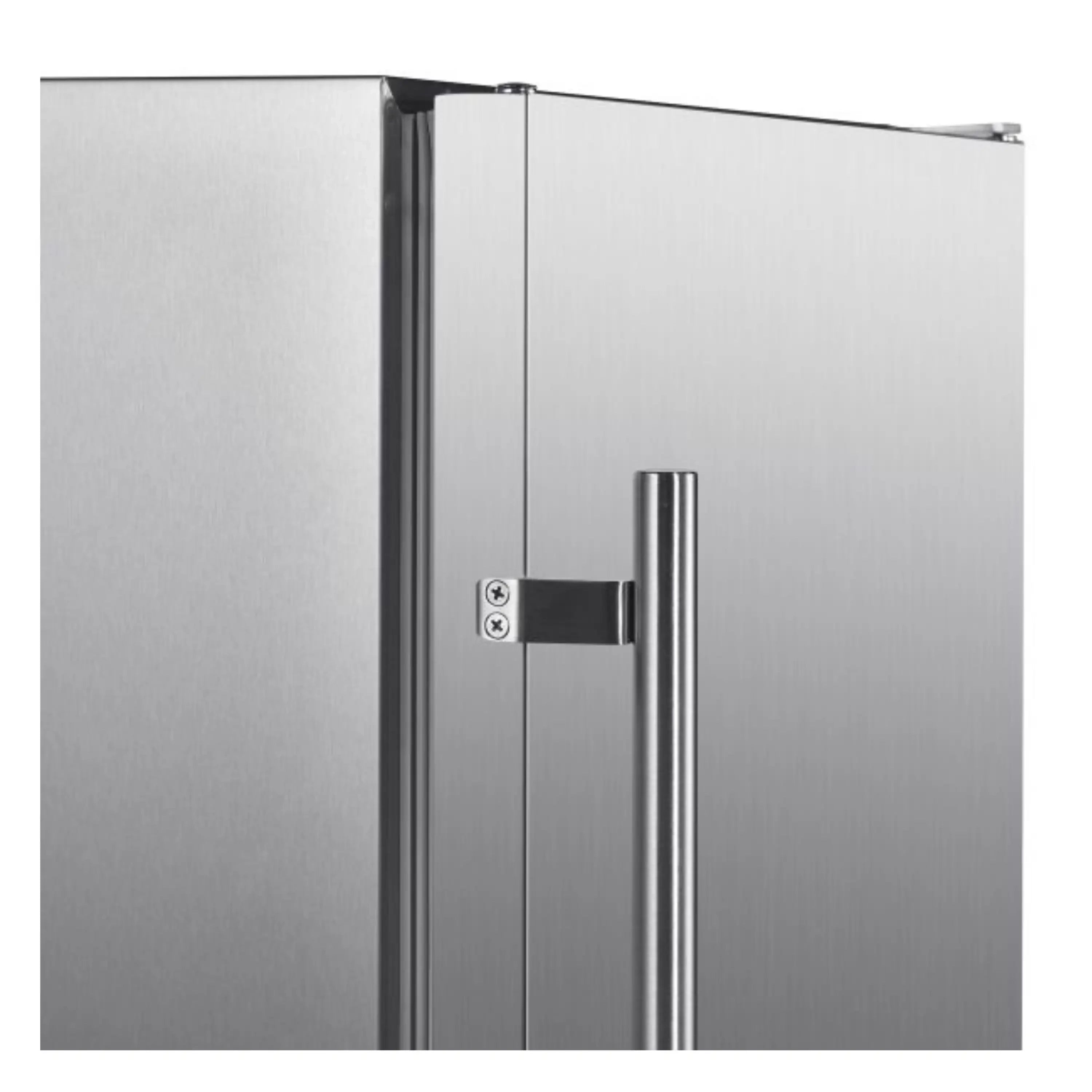 Compact refrigerator door handle with built-in lock on stainless steel exterior