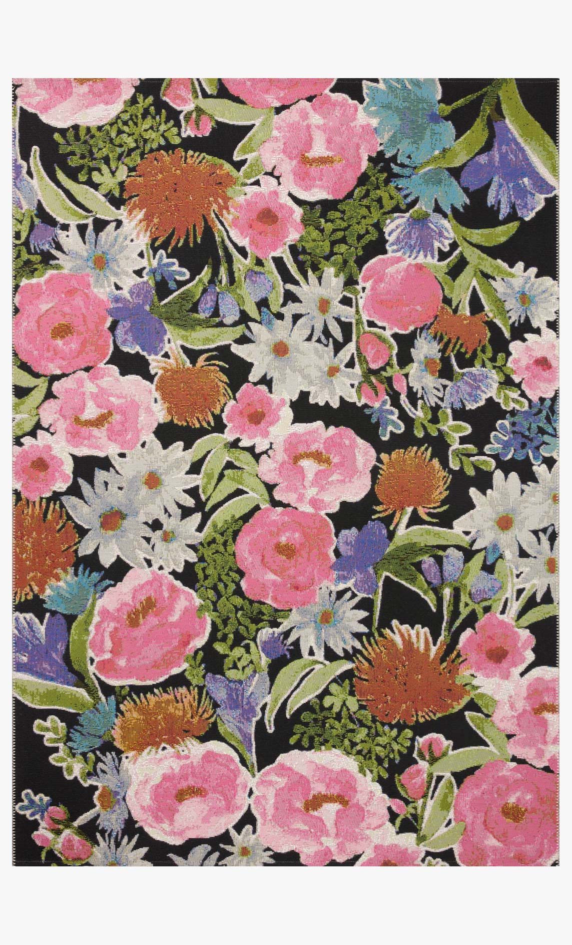 Black floral runner rug panel with dense multicolor blossoms and foliage