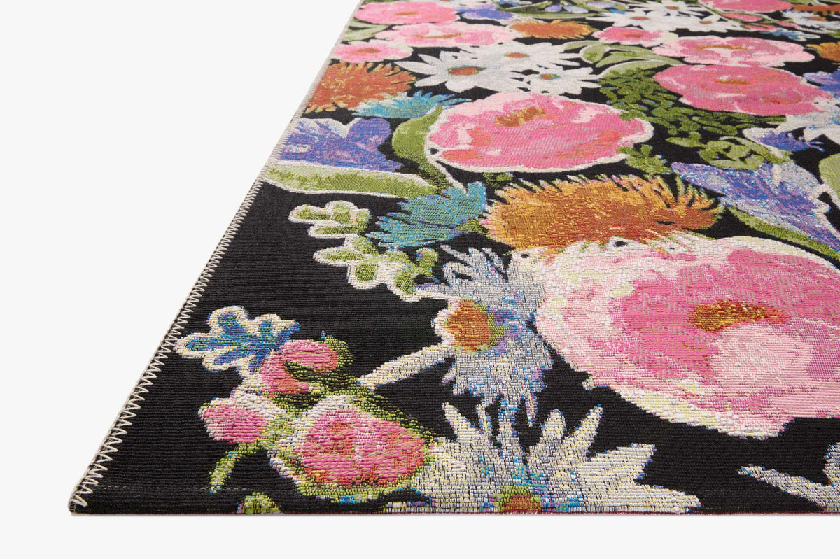 Black floral runner rug with multicolor blooms and stitched border