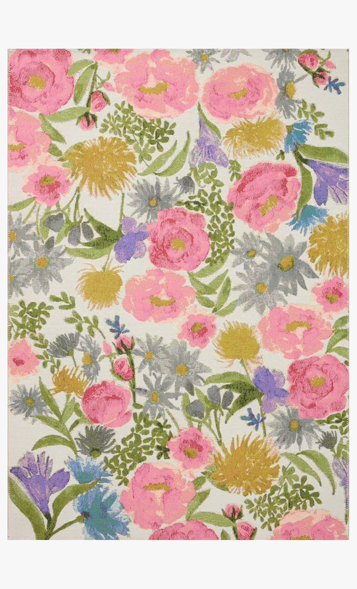 Floral accent rug with pink and yellow blooms, blue accents, and off-white field