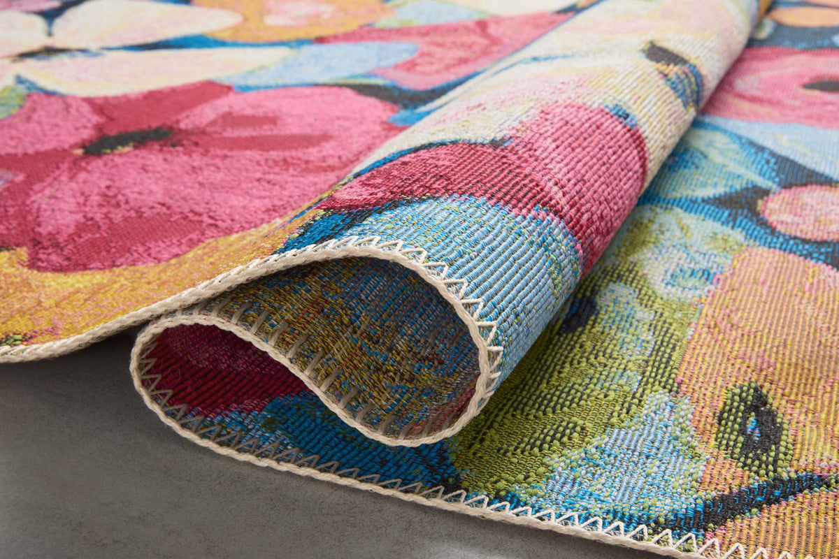 Close-up of multicolor floral area rug with textured weave and stitched border