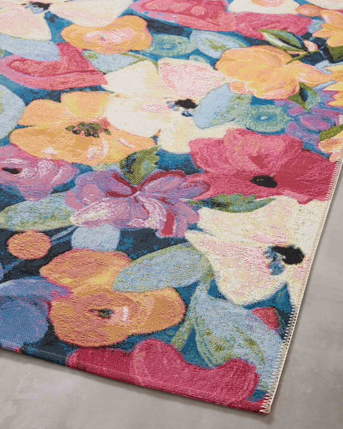 Multicolor floral area rug with border, flat full design view