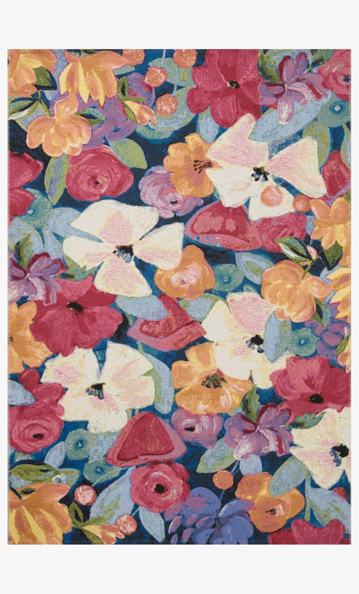 Multicolor botanical area rug with scattered flowers and leaves in pink, blue, and yellow tones