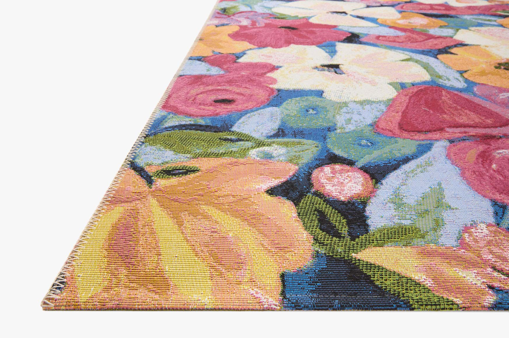 Colorful botanical floral runner rug with navy-toned border and abstract flowers